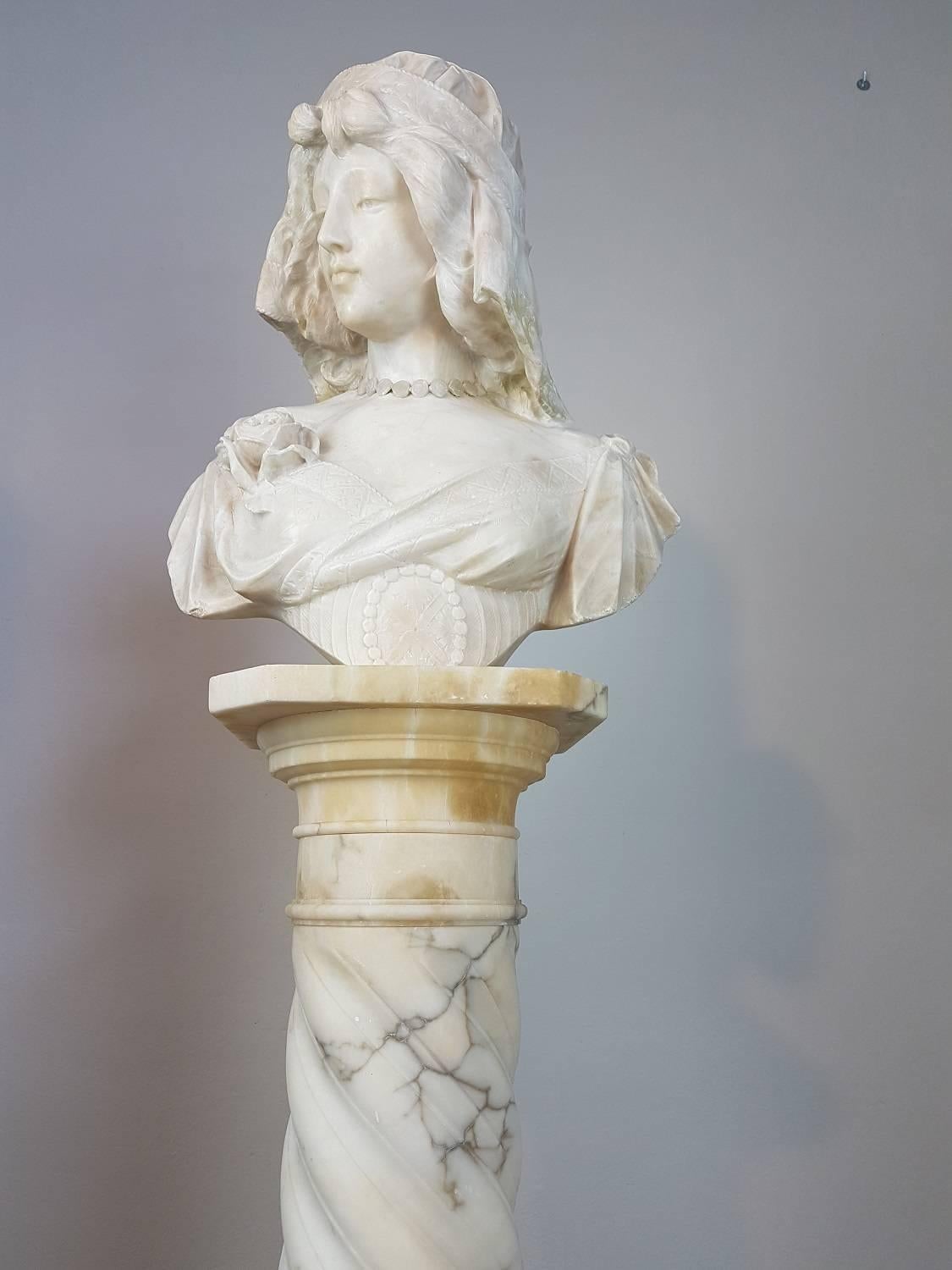 Beautiful bust of young woman in white Carrara marble signed Adolfo Cipriani important Italian sculptor active between the late 1800s and early 1900s
This bust is sculpted with rare precision typical of the best Italian sculptors. The face expresses