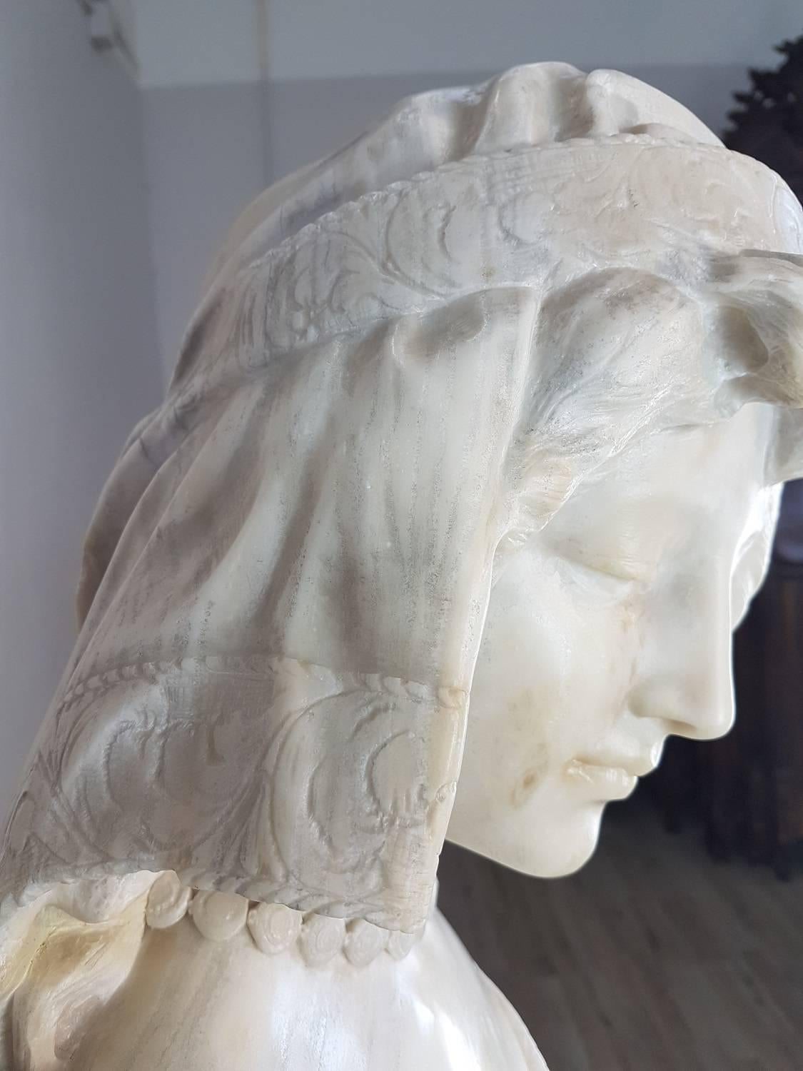 Carved 19th Century Italian A. Cipriani Carrara Marble Bust of a Young Woman Sculpture