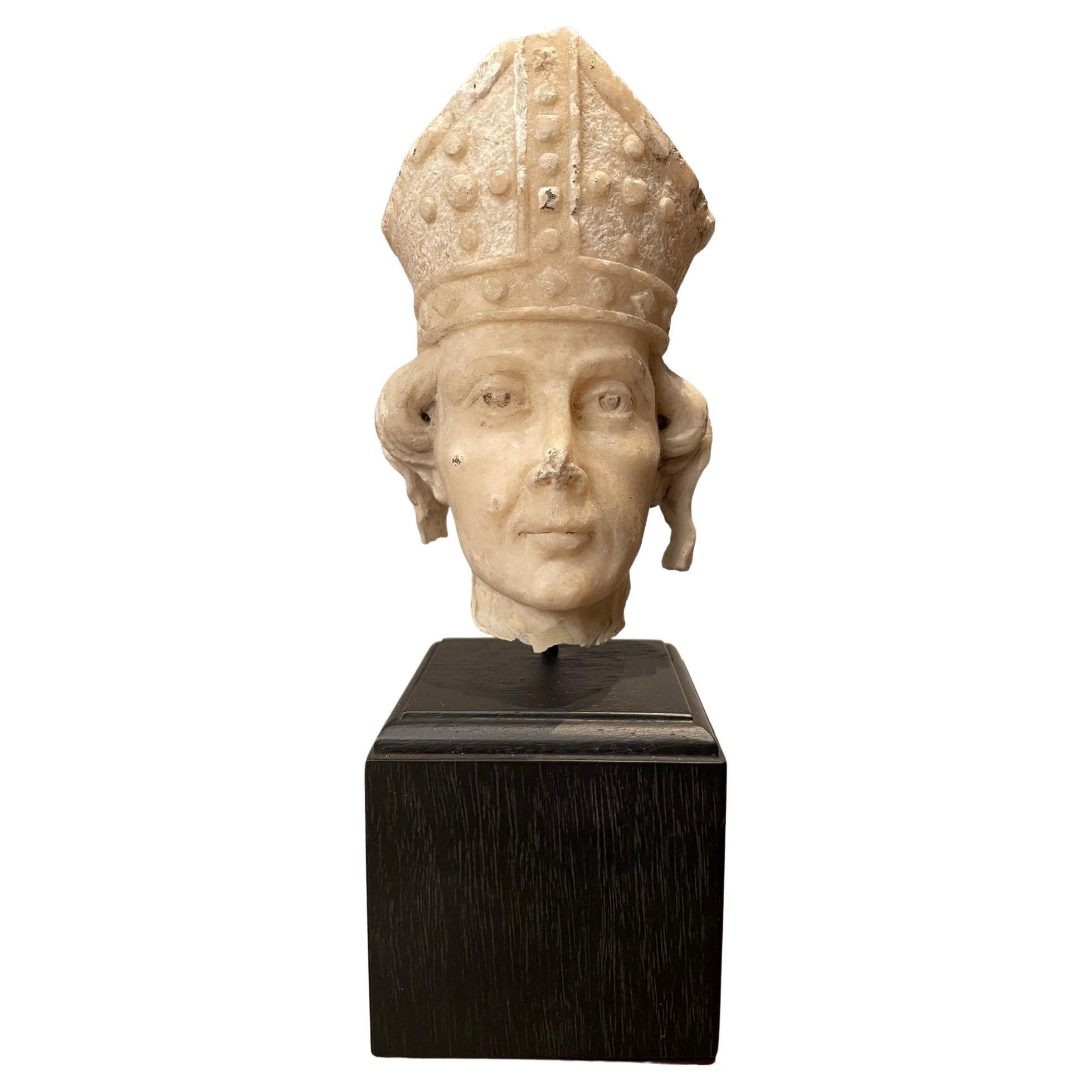 19th Century Italian Alabaster Carved Head Of A Bishop Saint  For Sale