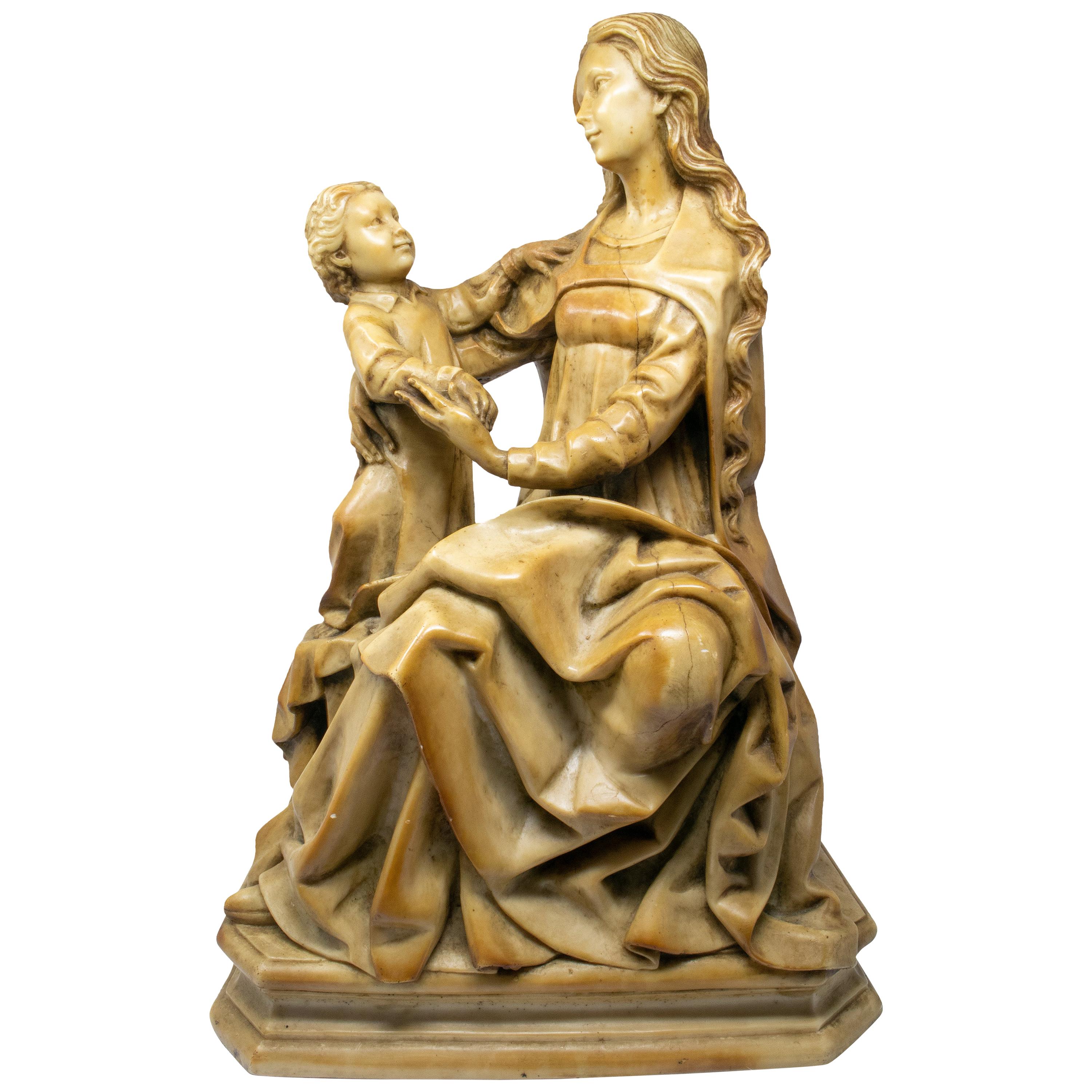 19th Century Italian Alabaster Gothic Revival Virgin and Child