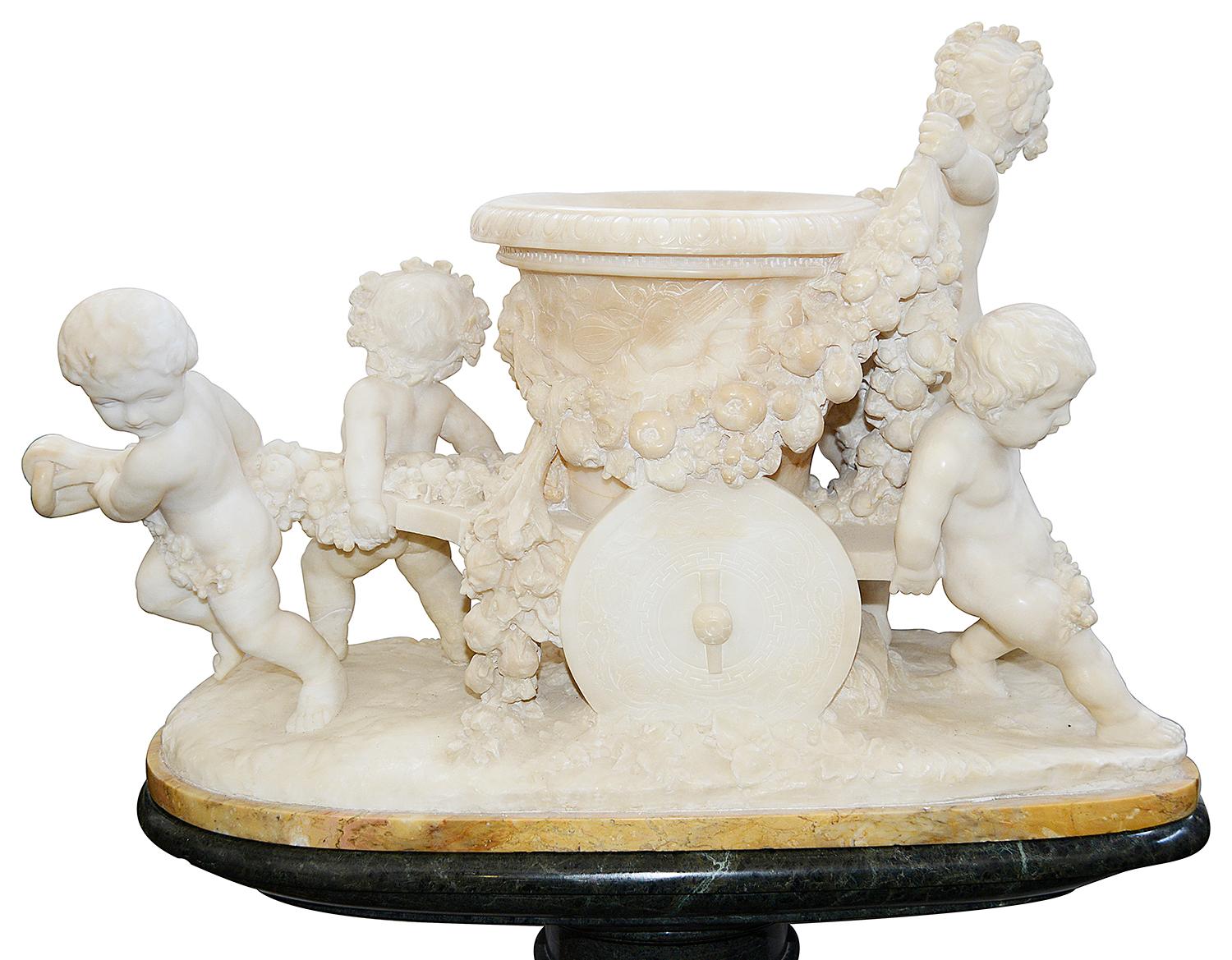 Classical Roman 19th Century Italian Alabaster Group of Children Pushing a Cart For Sale