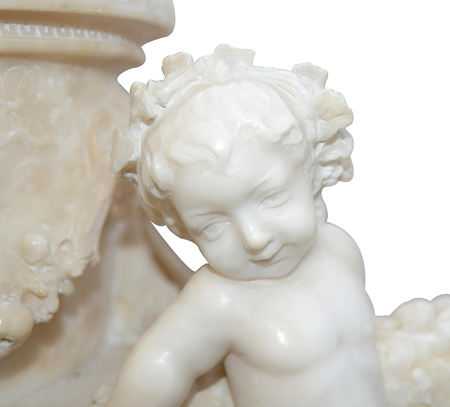 Hand-Carved 19th Century Italian Alabaster Group of Children Pushing a Cart For Sale