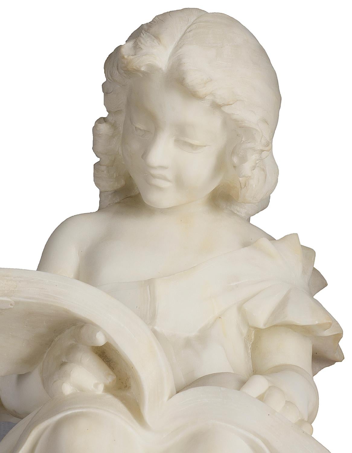 19th Century Italian Alabaster Statue of a Young Girl Reading In Good Condition In Brighton, Sussex