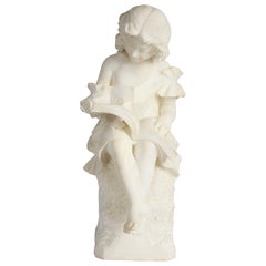 19th Century Italian Alabaster Statue of a Young Girl Reading