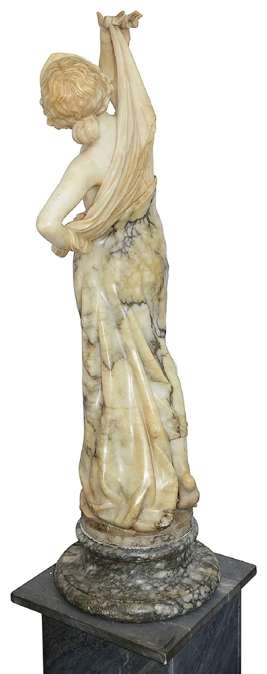 Hand-Carved 19th Century Italian Alabaster statue of a young maiden. For Sale
