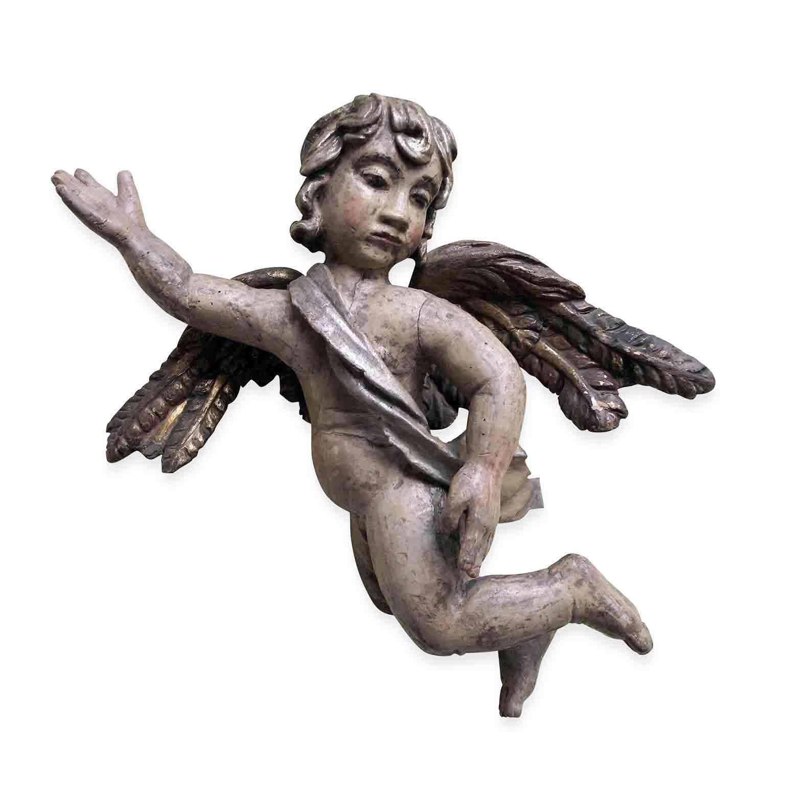 Hand-Carved 19th Century Italian Baroque Style Cherub Sculpture of Announcing Angel 