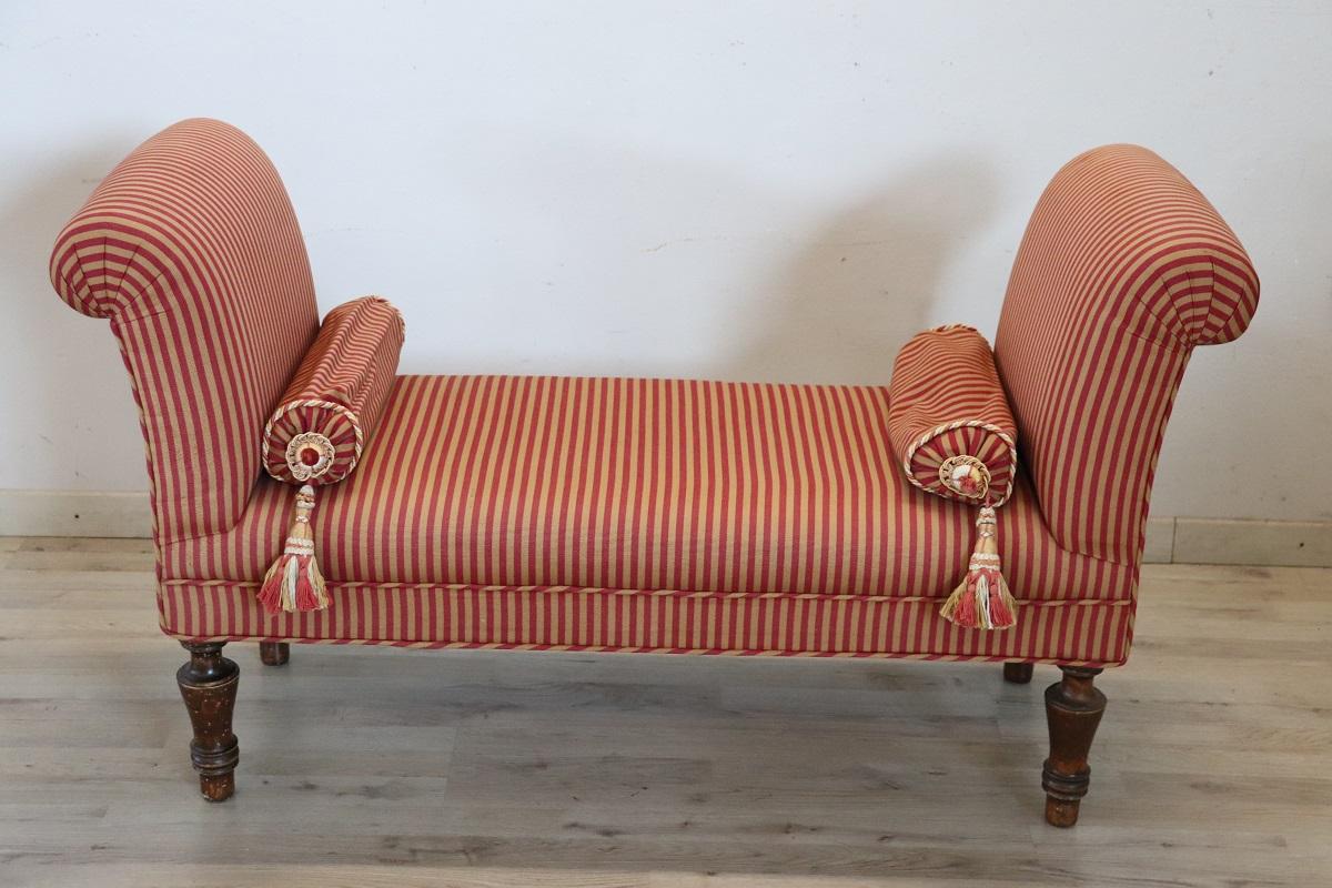 19th Century Italian Antique Bench in Beech Wood and Fabric For Sale 6