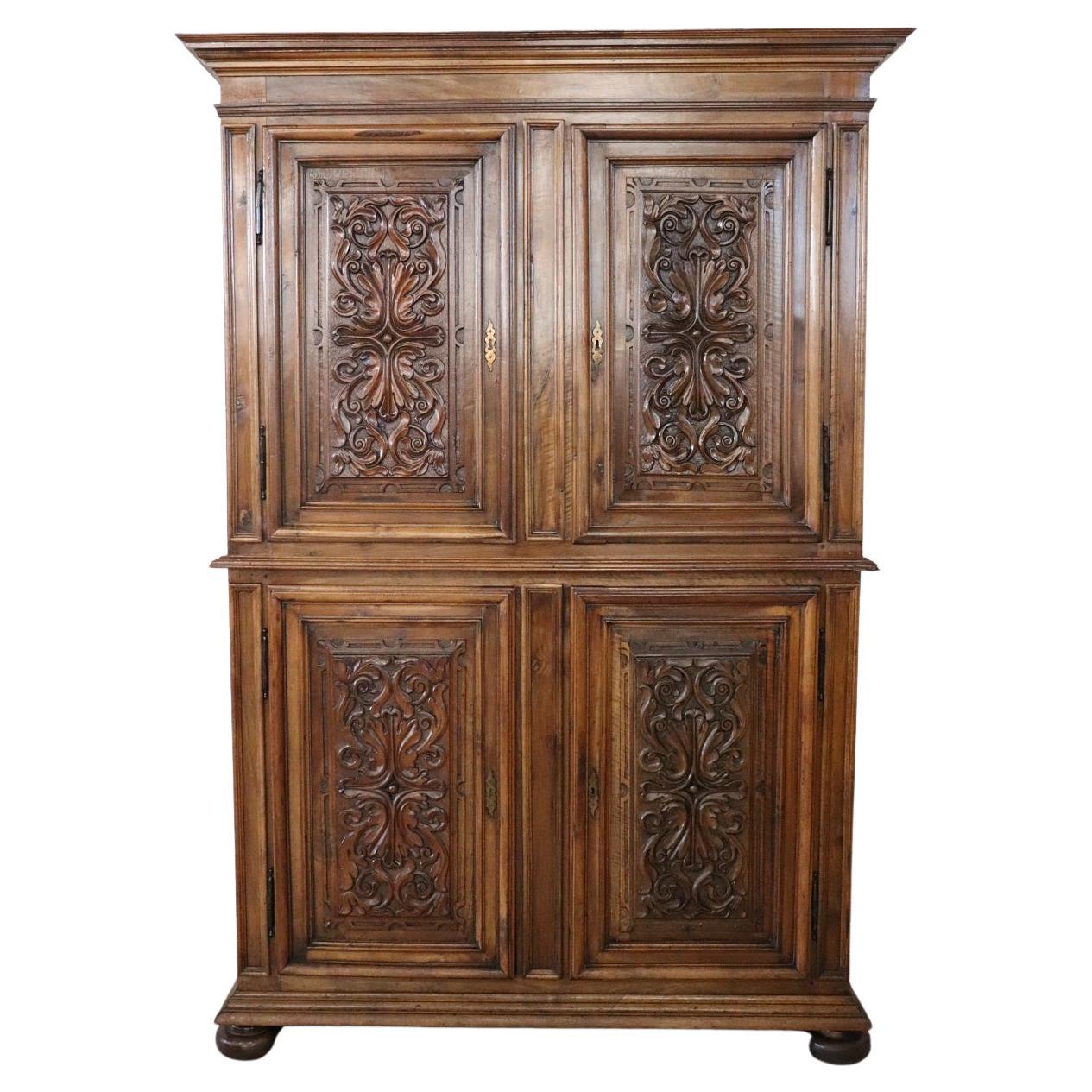 19th Century Italian Antique Cabinet in Solid Carved Walnut