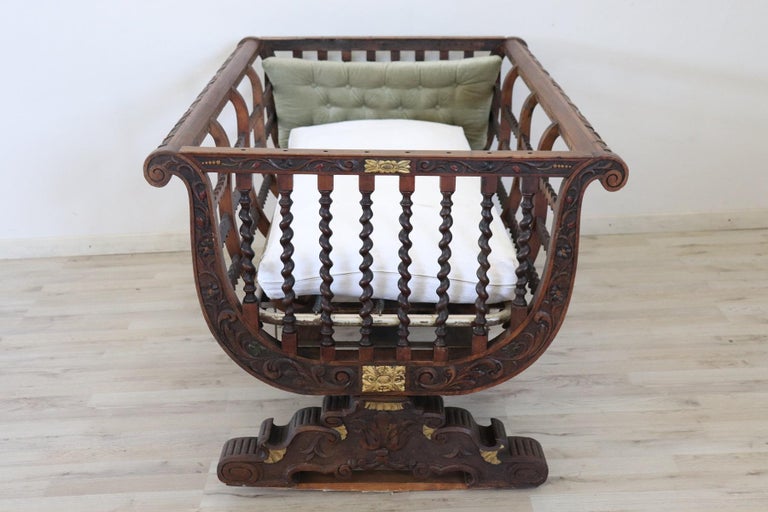 19th Century Italian Antique Carved and Turned Walnut Crib or Baby Bed