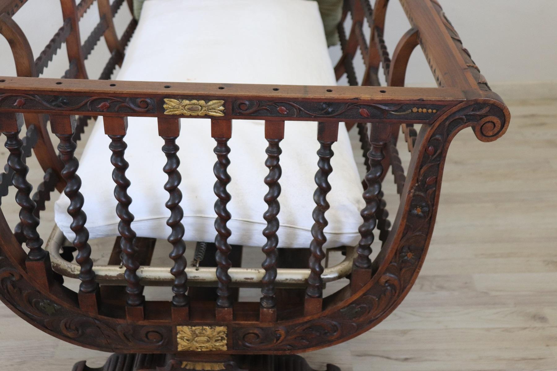 19th Century Italian Antique Carved and Turned Walnut Crib or Baby Bed 5