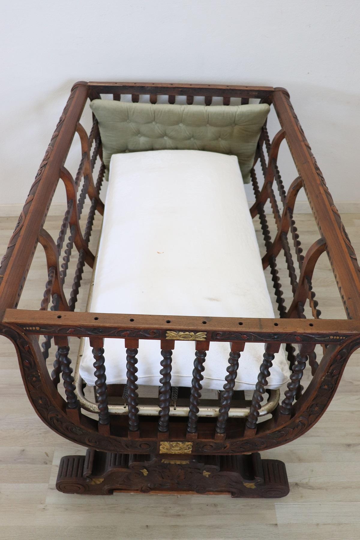 19th Century Italian Antique Carved and Turned Walnut Crib or Baby Bed 6