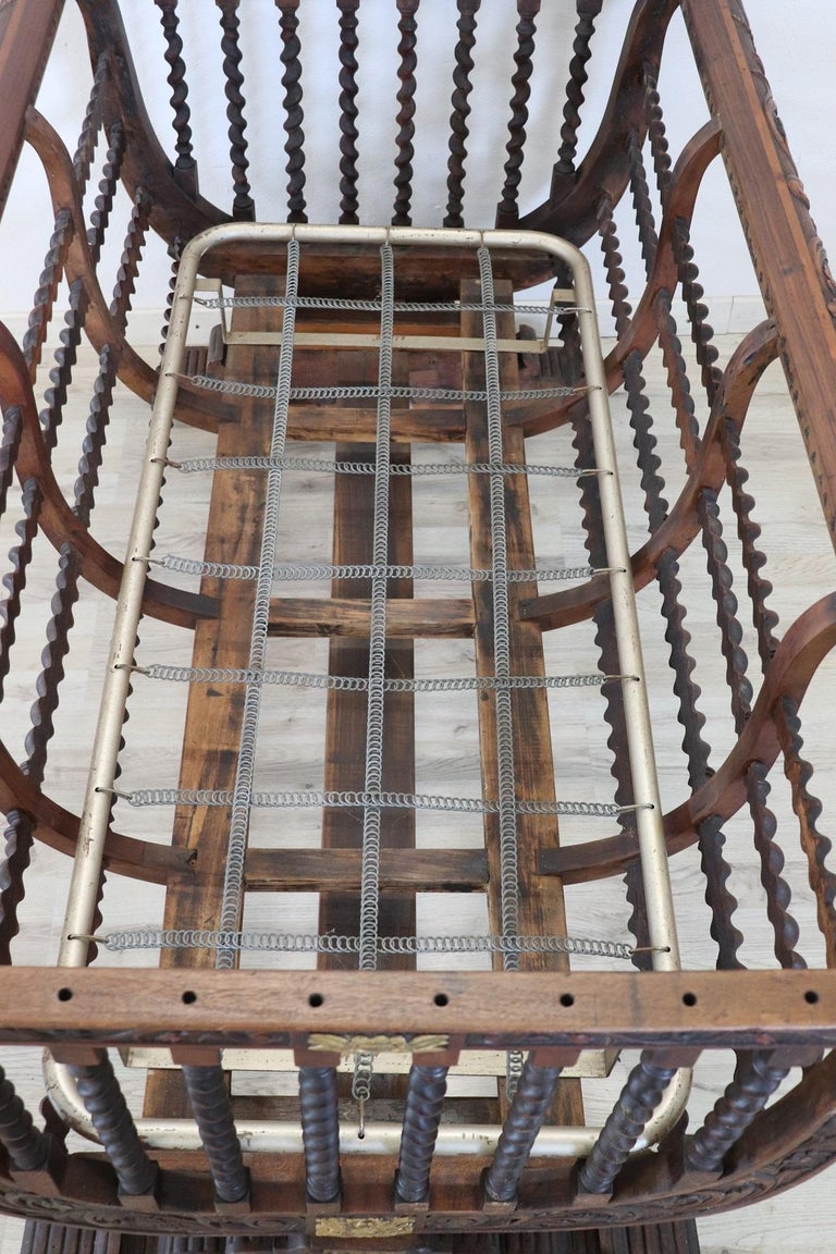 19th Century Italian Antique Carved and Turned Walnut Crib or Baby Bed