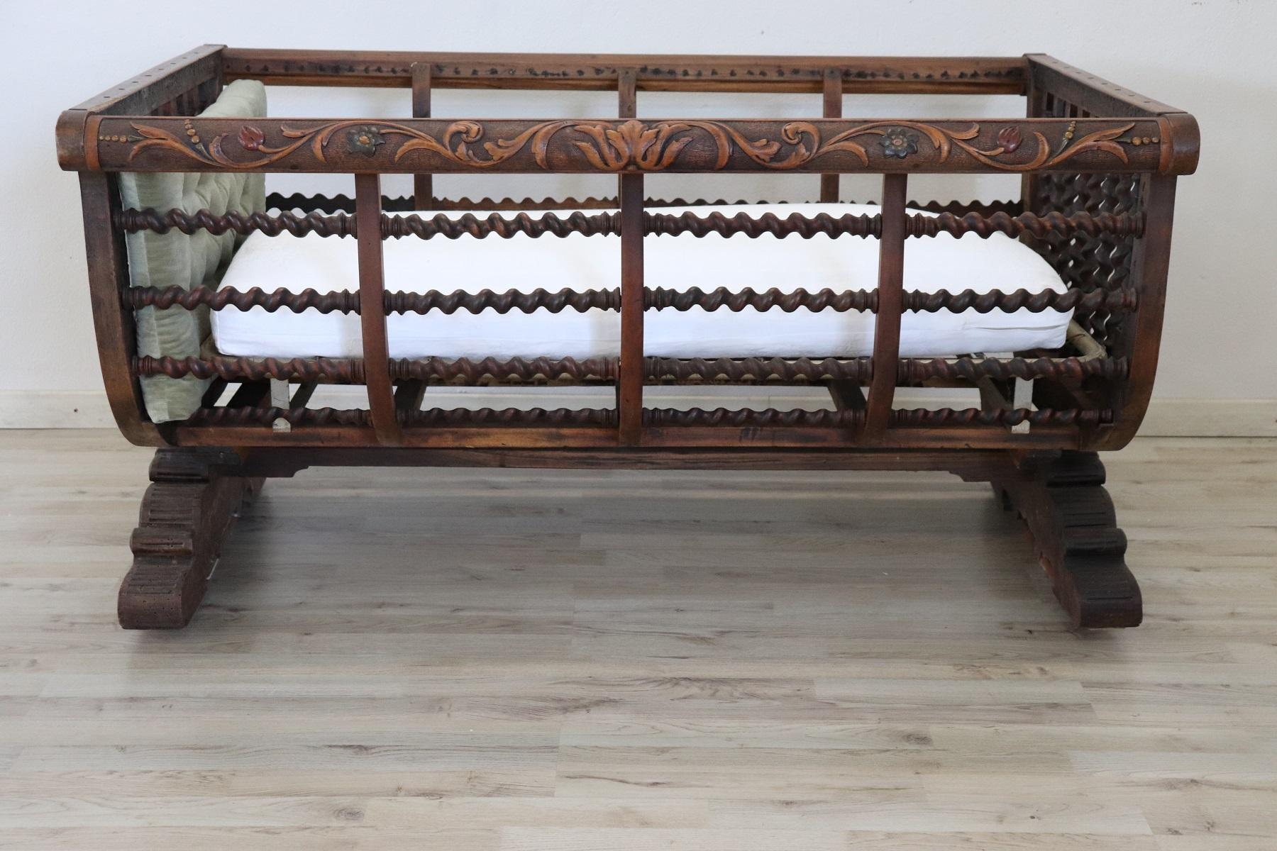 Late 19th Century 19th Century Italian Antique Carved and Turned Walnut Crib or Baby Bed