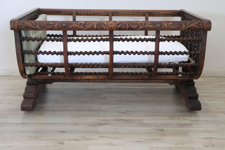 19th Century Italian Antique Carved and Turned Walnut Crib or Baby Bed