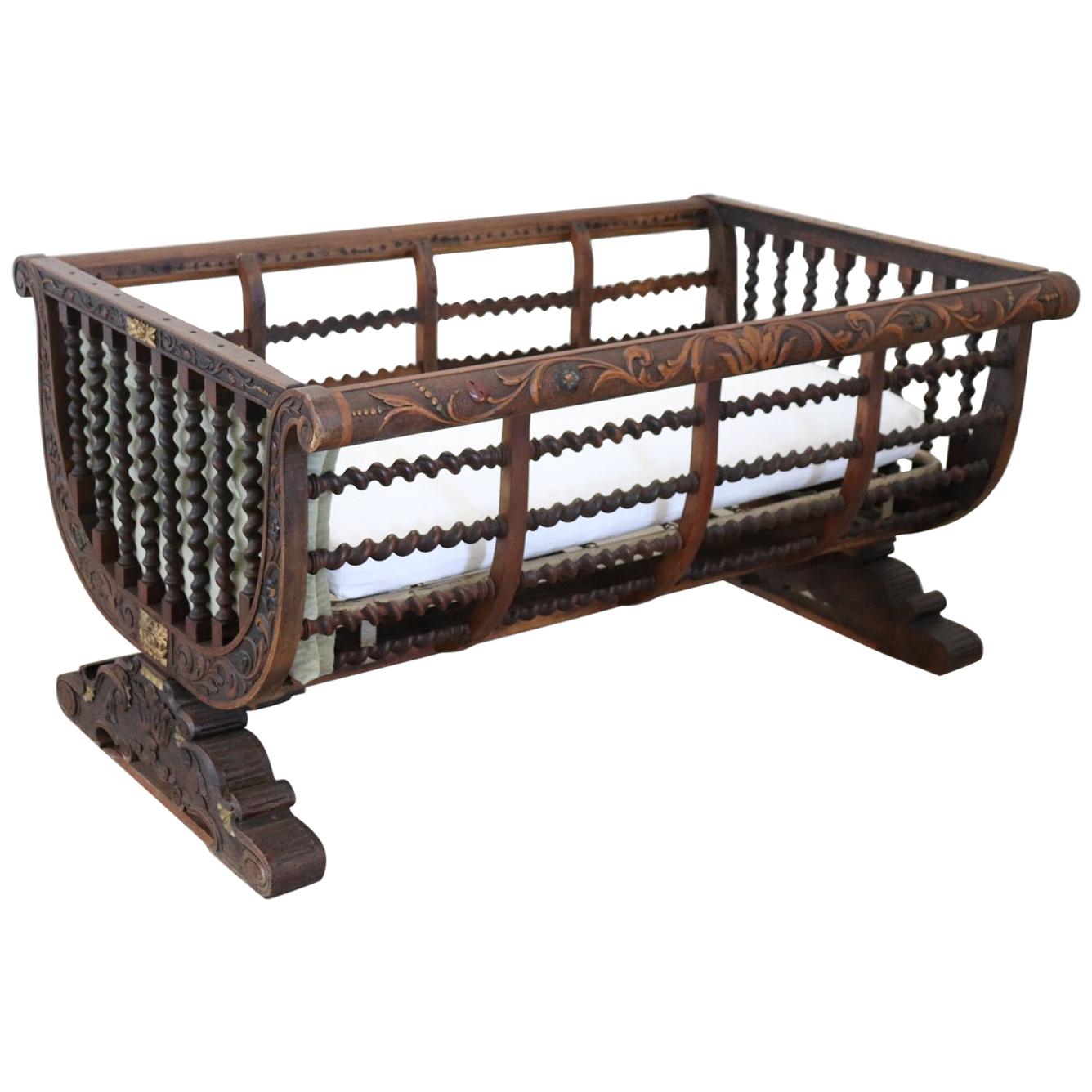 19th Century Italian Antique Carved and Turned Walnut Crib or Baby Bed