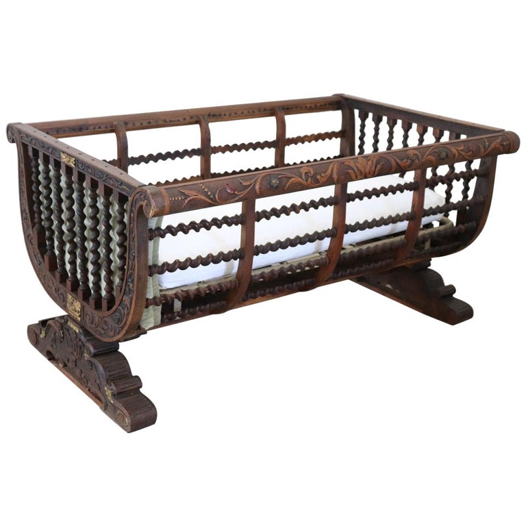 19th Century Italian Antique Carved And Turned Walnut Crib Or Baby