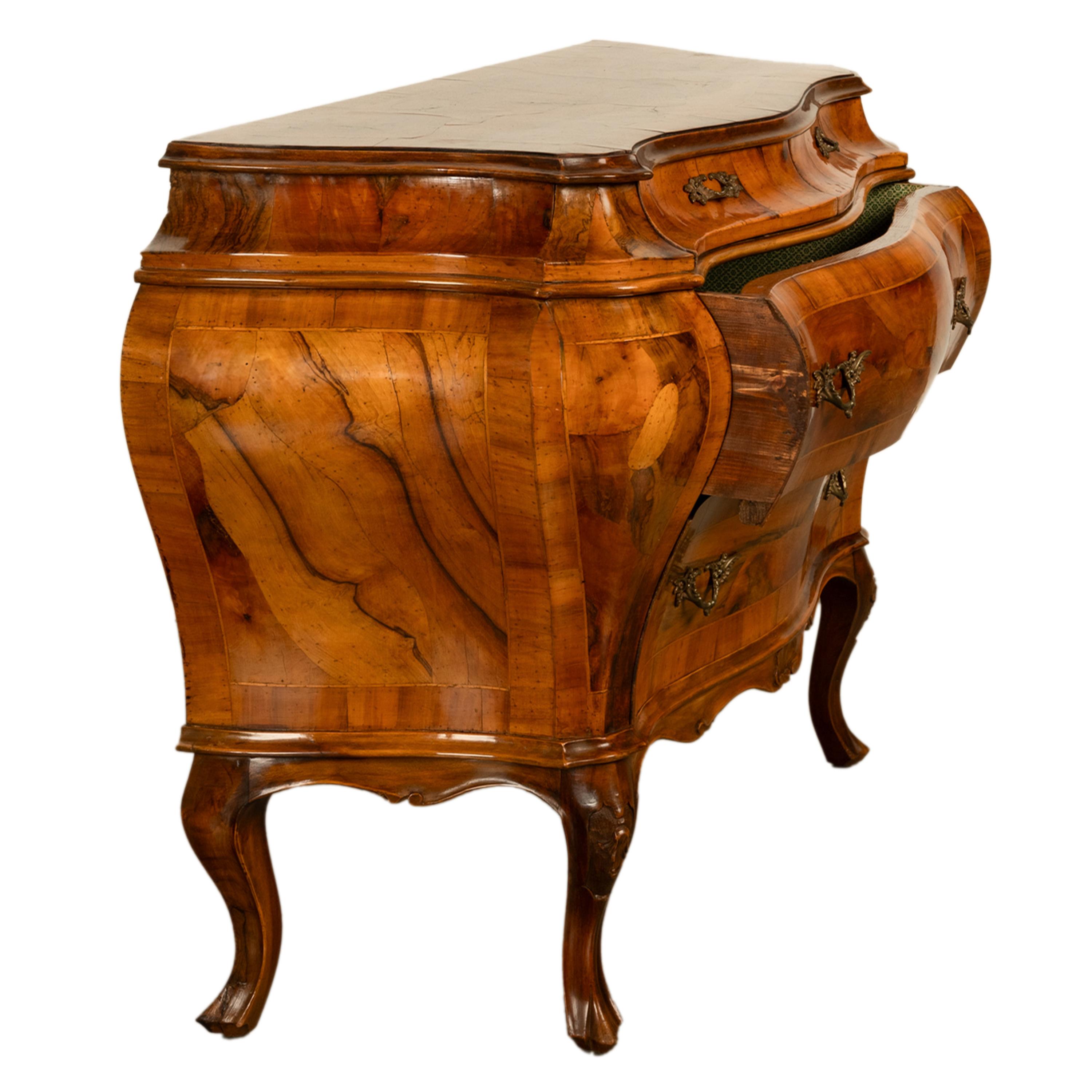19th Century Italian Antique Inlaid Walnut Bombe Louis XV Venetian Commode 1880 3