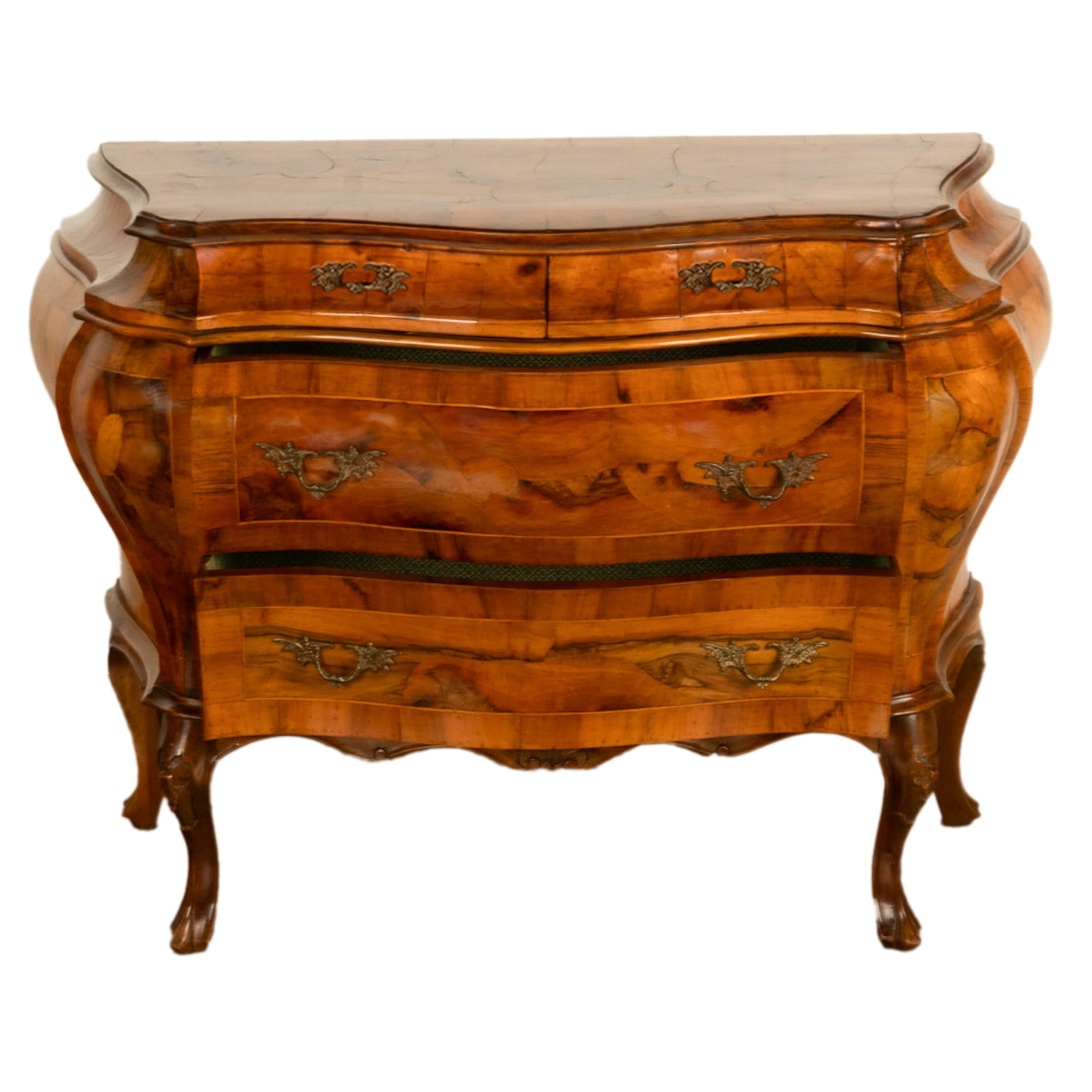 19th Century Italian Antique Inlaid Walnut Bombe Louis XV Venetian Commode 1880 5