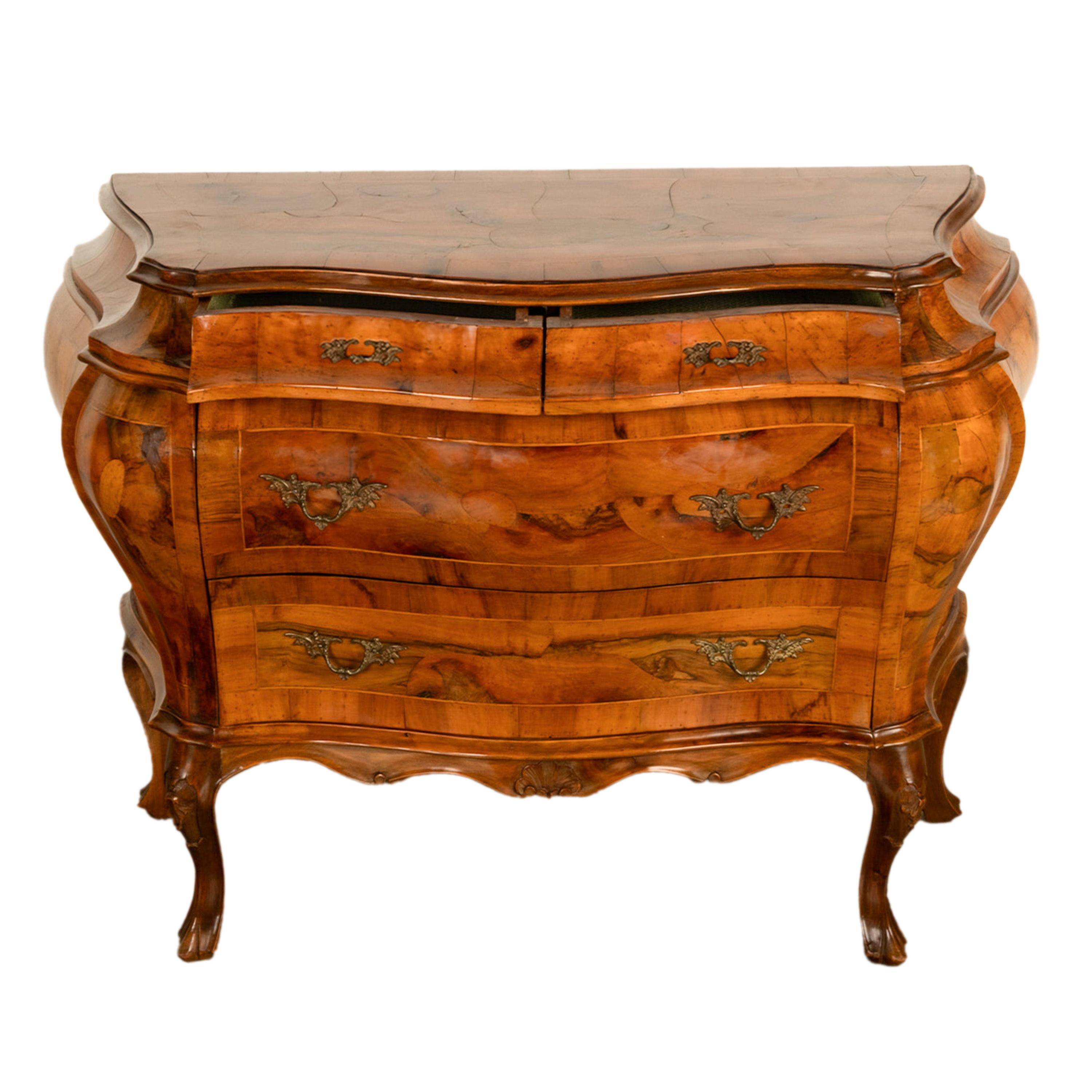 19th Century Italian Antique Inlaid Walnut Bombe Louis XV Venetian Commode 1880 6