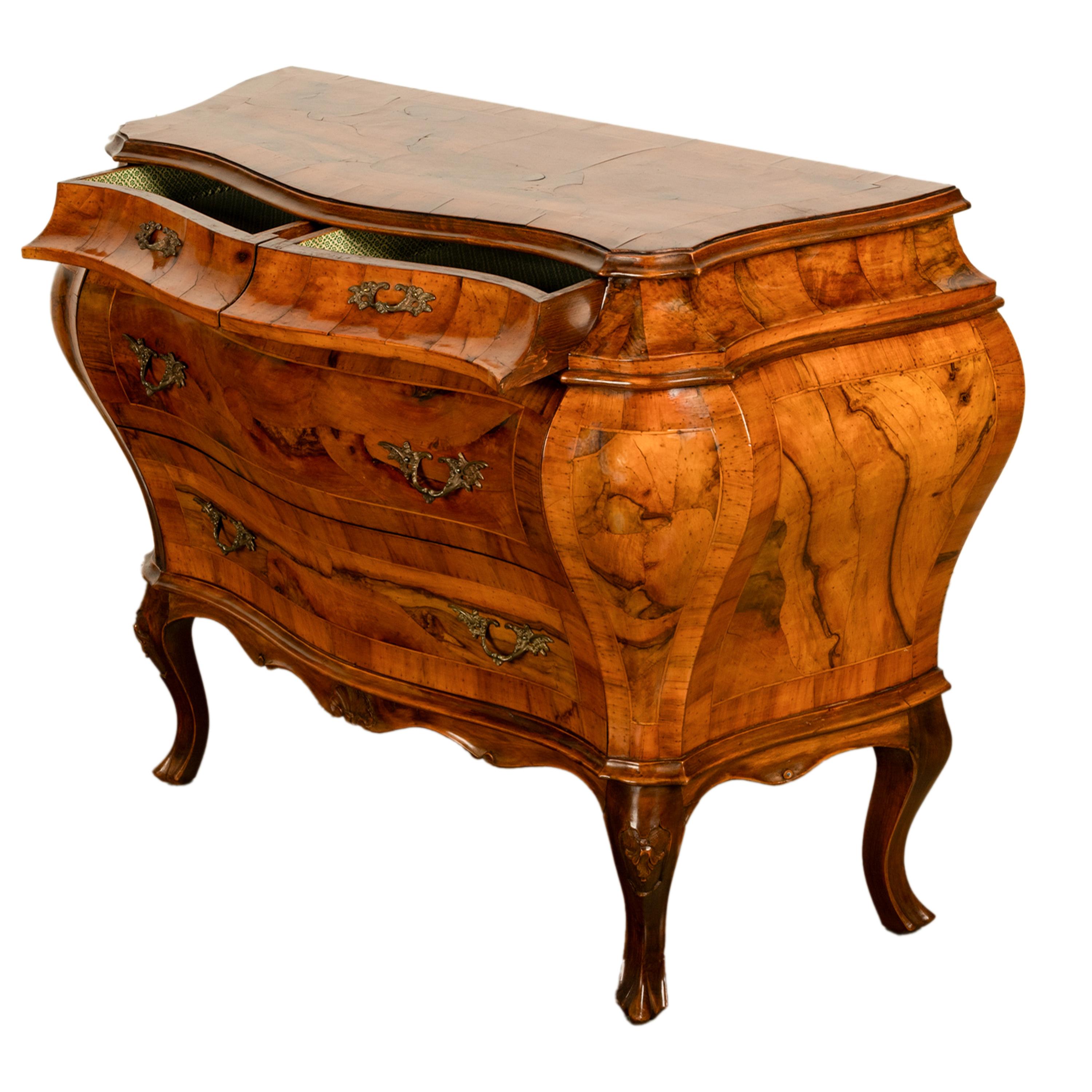 19th Century Italian Antique Inlaid Walnut Bombe Louis XV Venetian Commode 1880 7