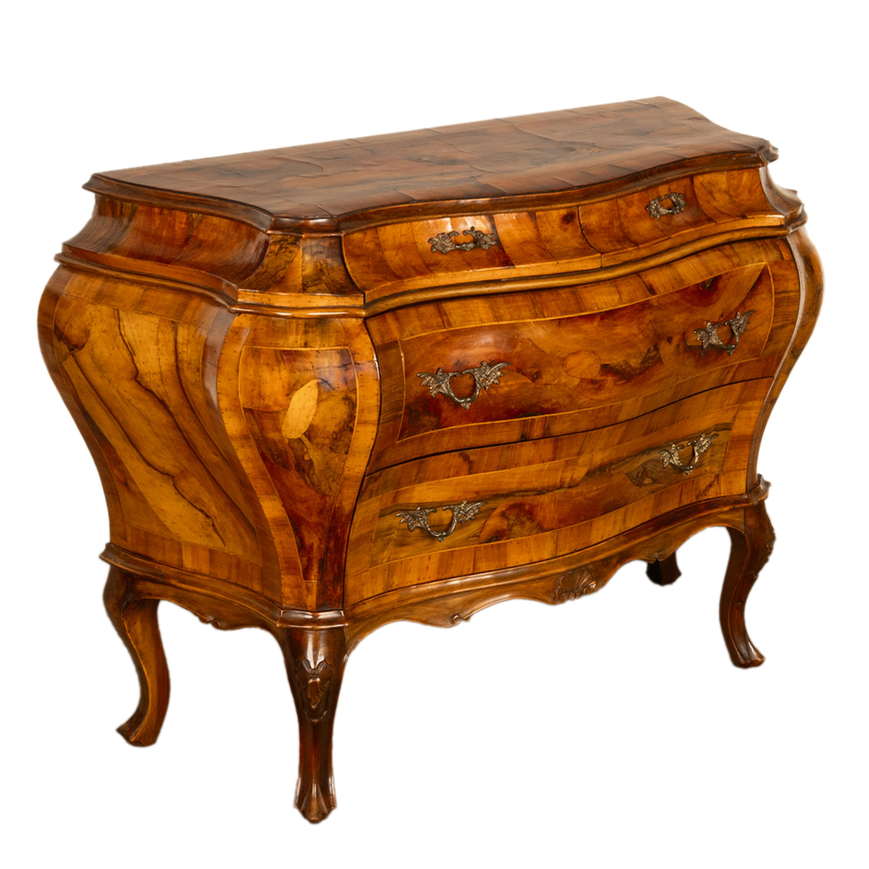 Rococo Revival 19th Century Italian Antique Inlaid Walnut Bombe Louis XV Venetian Commode 1880