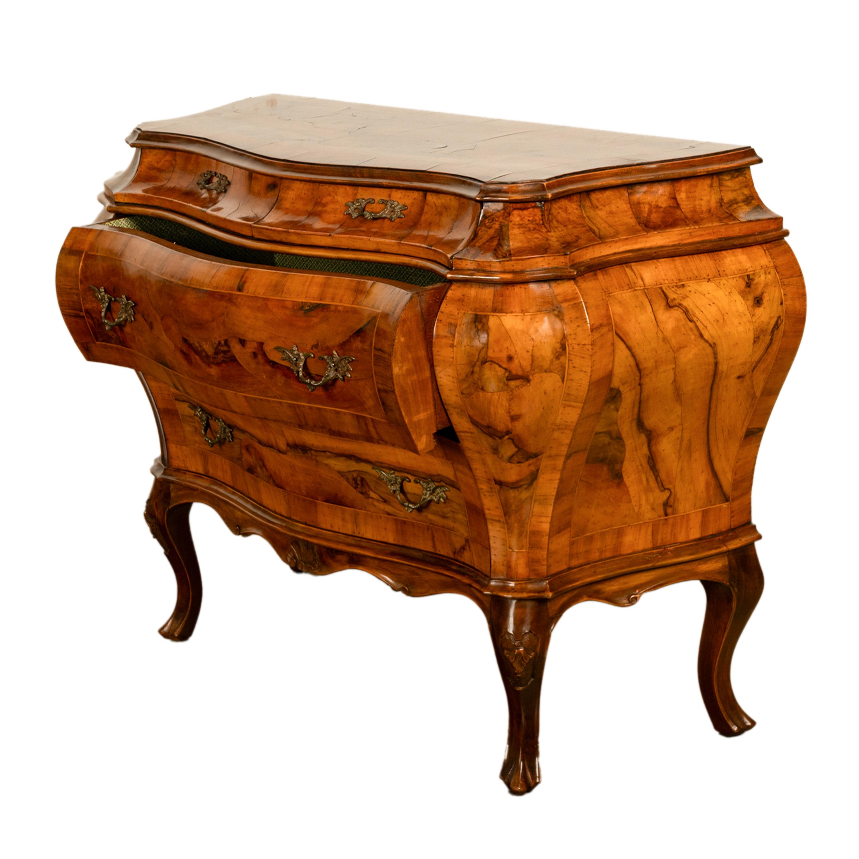 Late 19th Century 19th Century Italian Antique Inlaid Walnut Bombe Louis XV Venetian Commode 1880