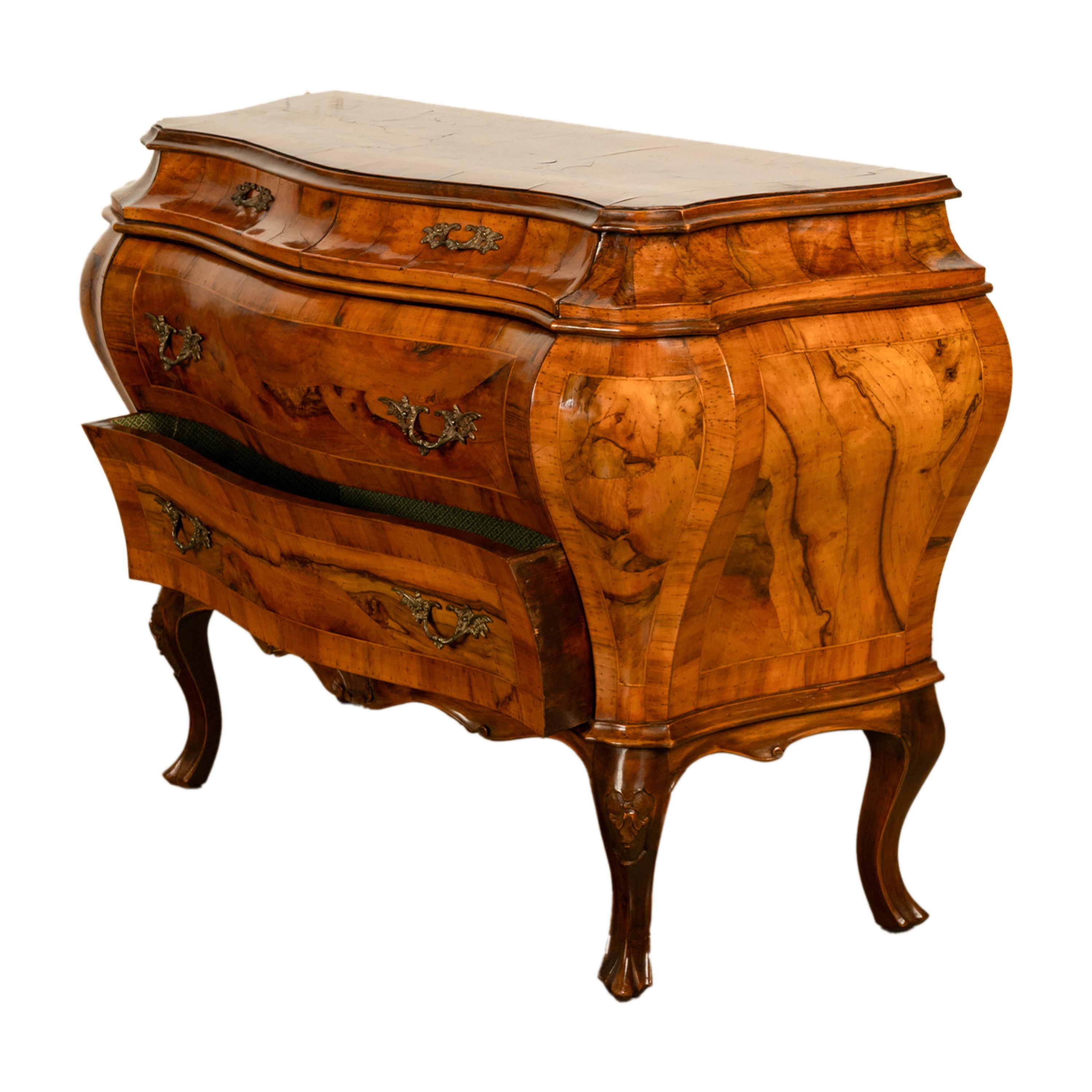 Bronze 19th Century Italian Antique Inlaid Walnut Bombe Louis XV Venetian Commode 1880