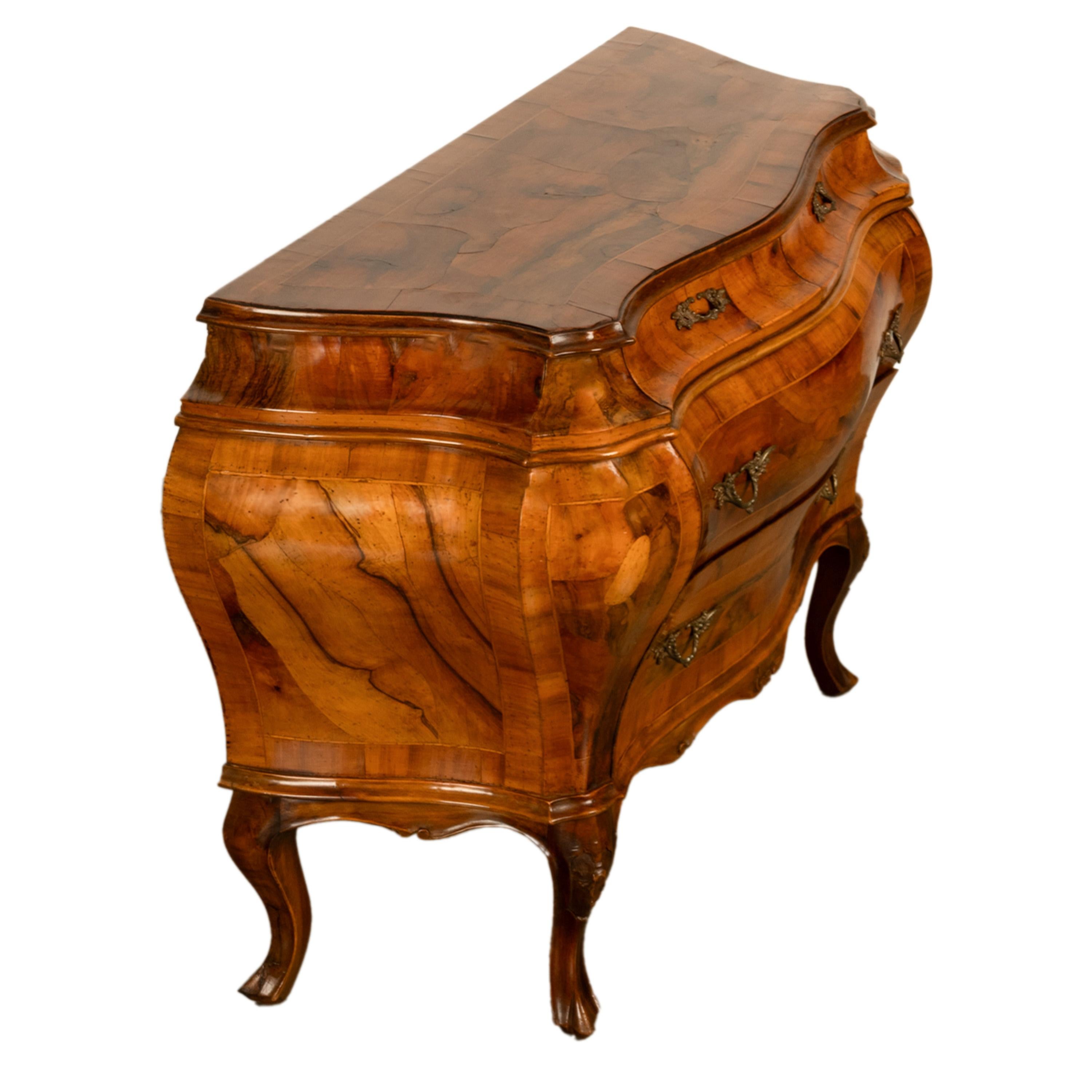 19th Century Italian Antique Inlaid Walnut Bombe Louis XV Venetian Commode 1880 1