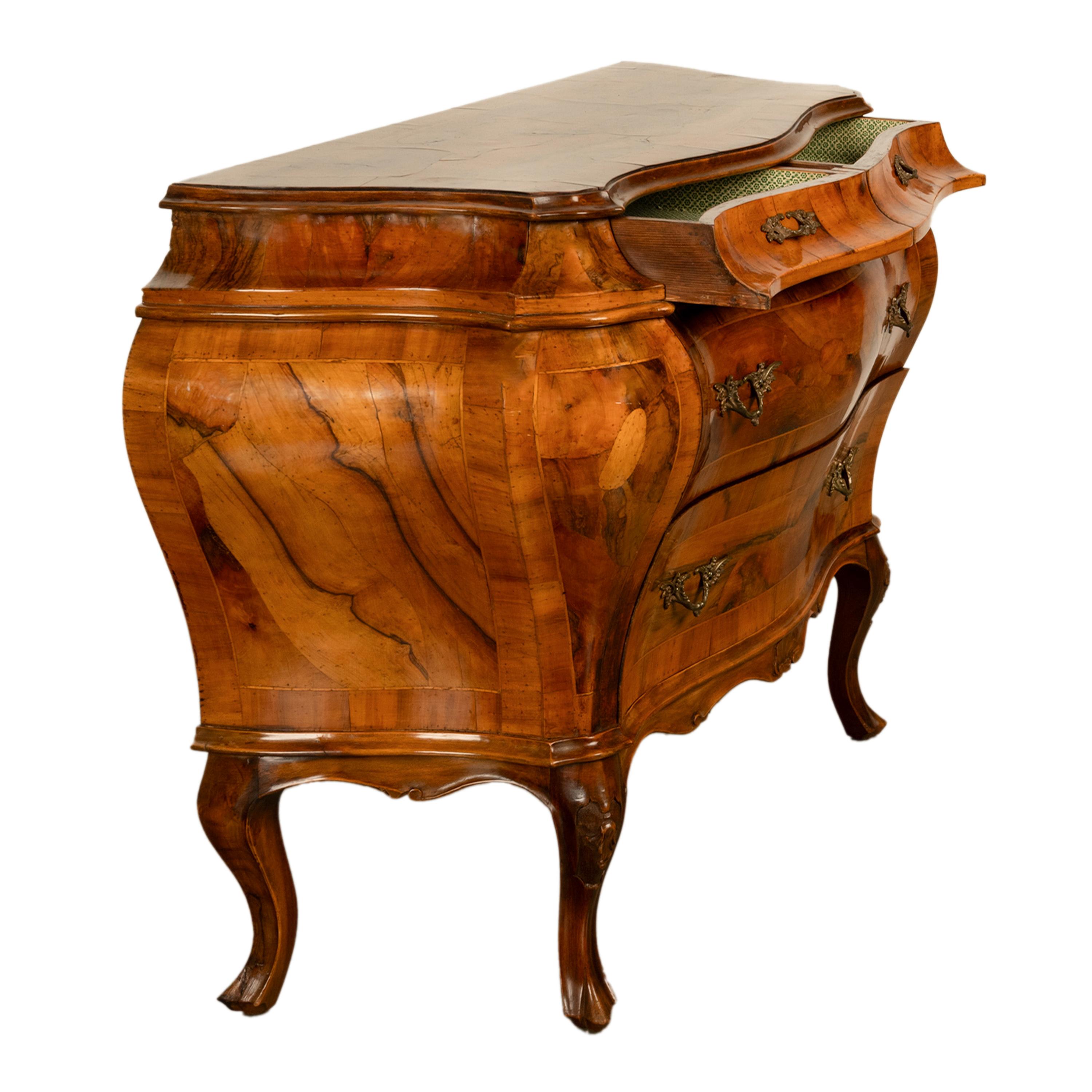 19th Century Italian Antique Inlaid Walnut Bombe Louis XV Venetian Commode 1880 2