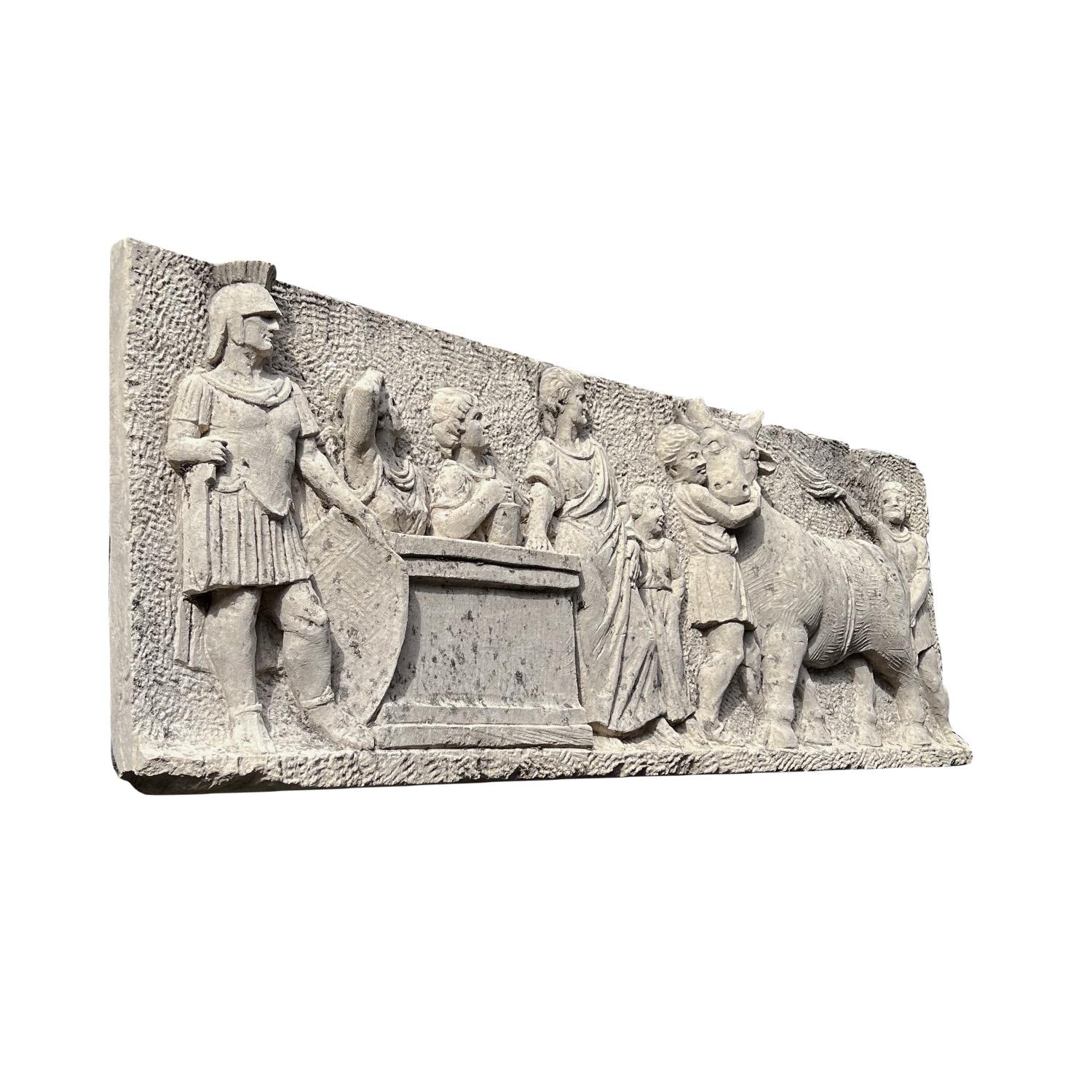 A single, antique Italian wall panel made of hand carved limestone, in good condition. The rectangular architectural relief is depicting Roman warriors and kids embracing a cattle. Authentic and naturally aged patina. Minor fading, scratches due to