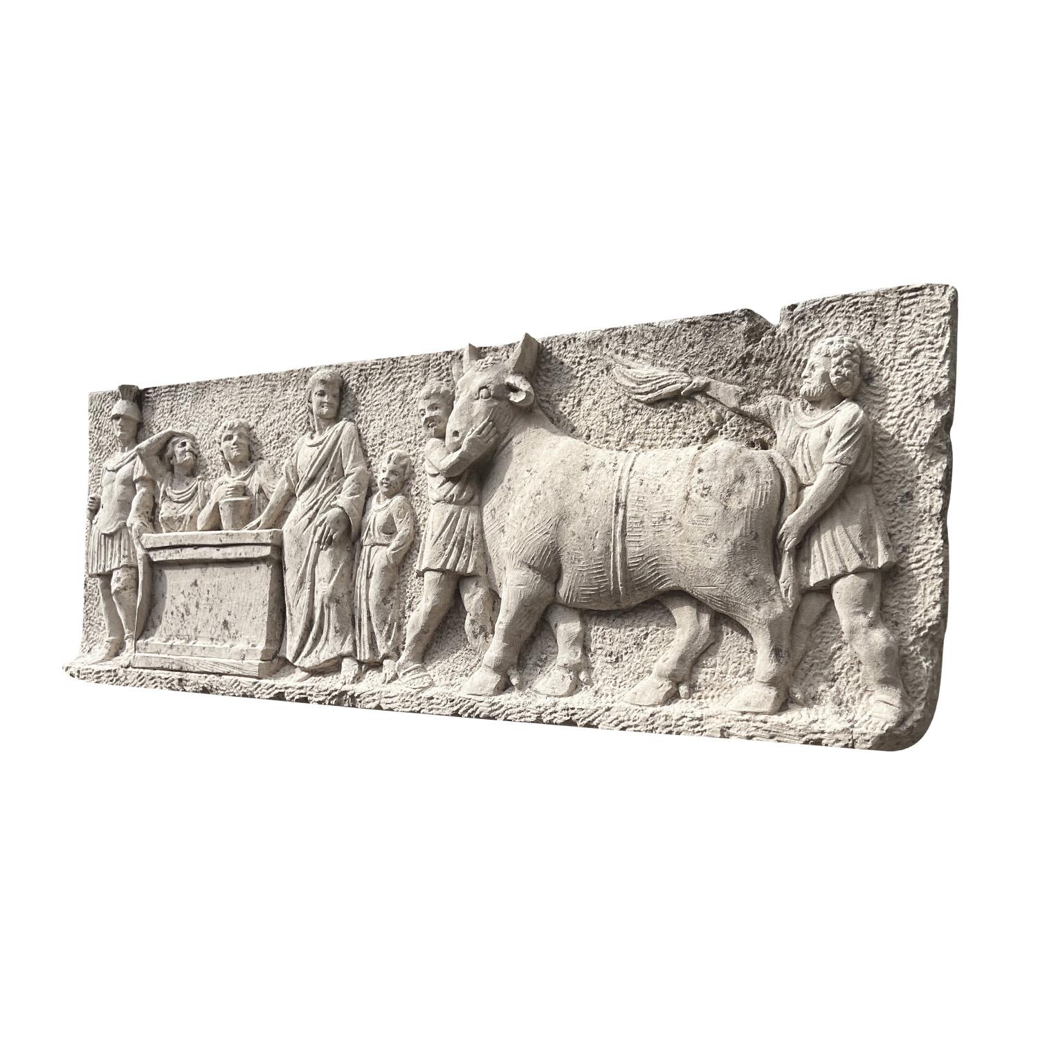Hand-Carved 19th Century Italian Antique Limestone Wall Panel - Architectural Roman Relief For Sale