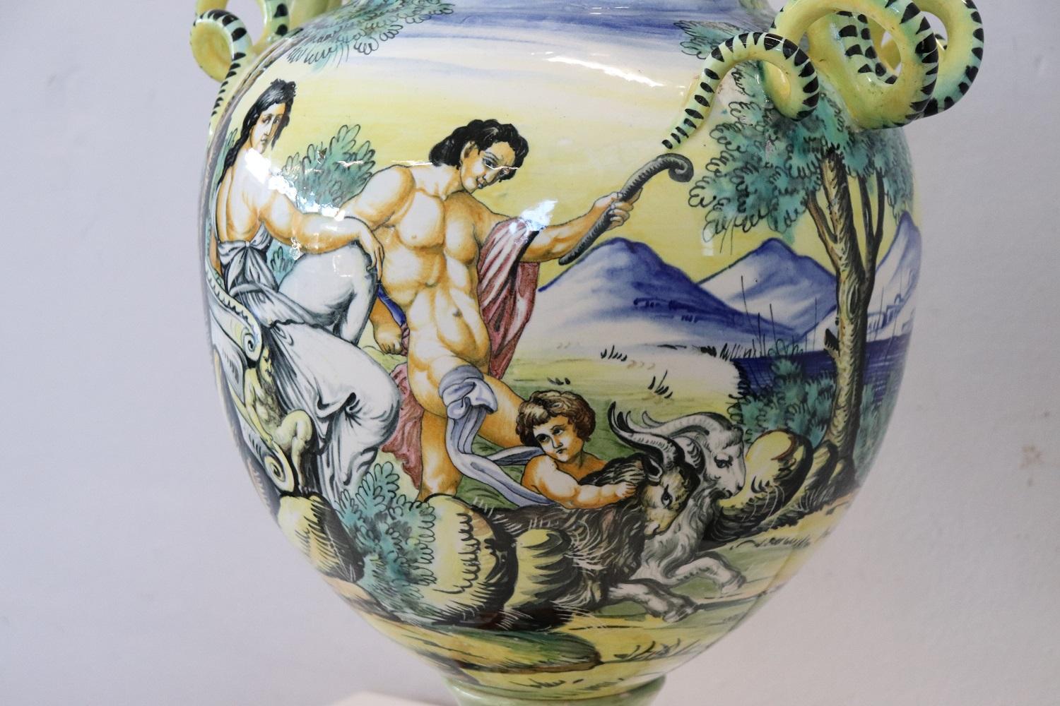 Maiolica 19th Century Italian Antique Majolica Large Hand Painted Antique Vase, Signed For Sale