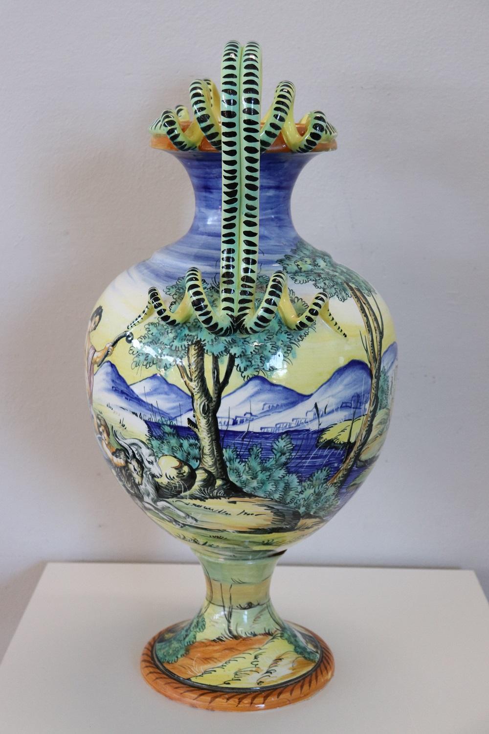 19th Century Italian Antique Majolica Large Hand Painted Antique Vase, Signed For Sale 1