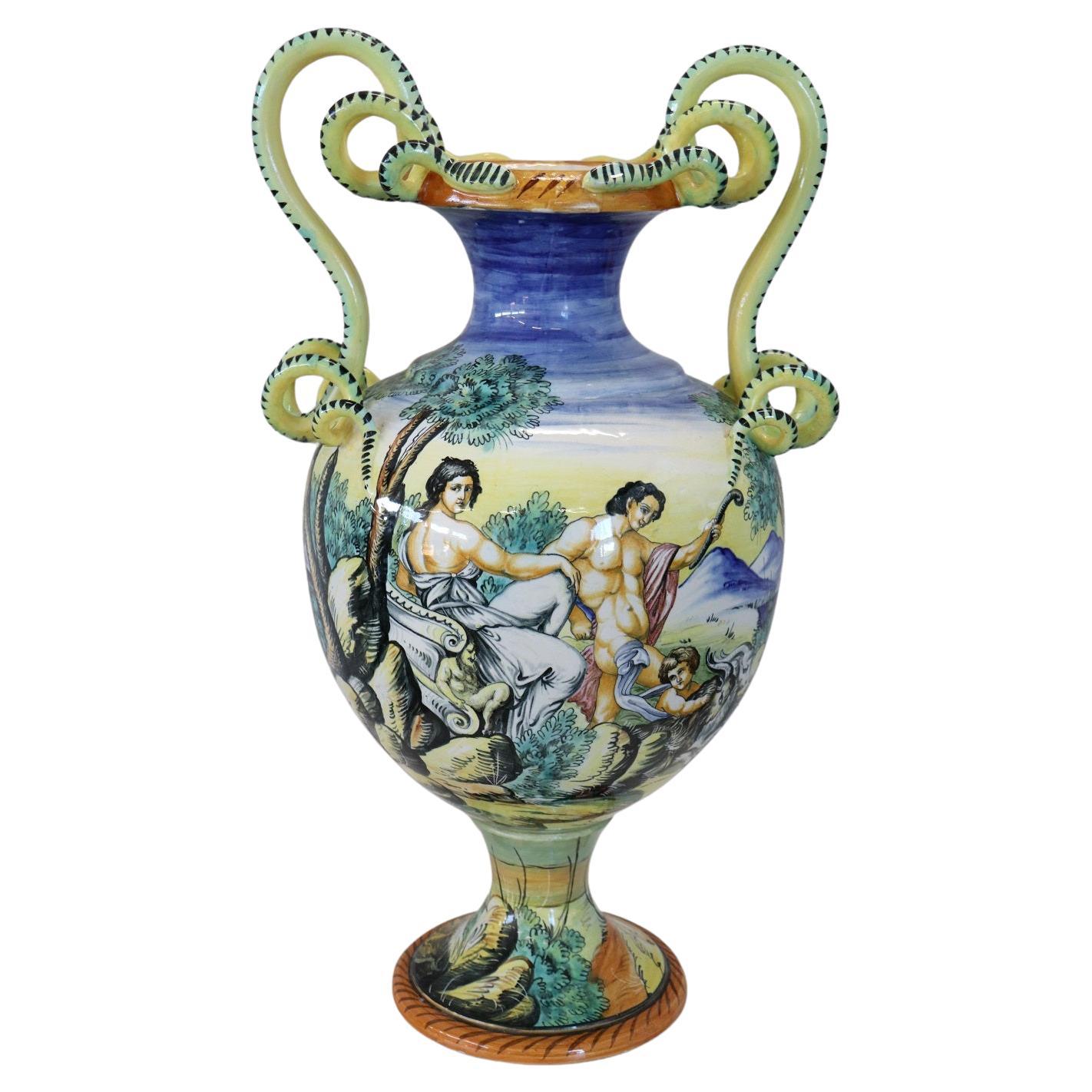 19th Century Italian Antique Majolica Large Hand Painted Antique Vase, Signed For Sale