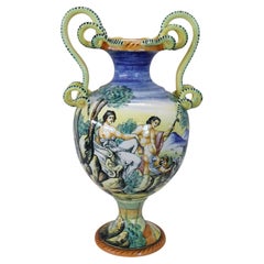 19th Century Italian Antique Majolica Large Hand Painted Antique Vase, Signed