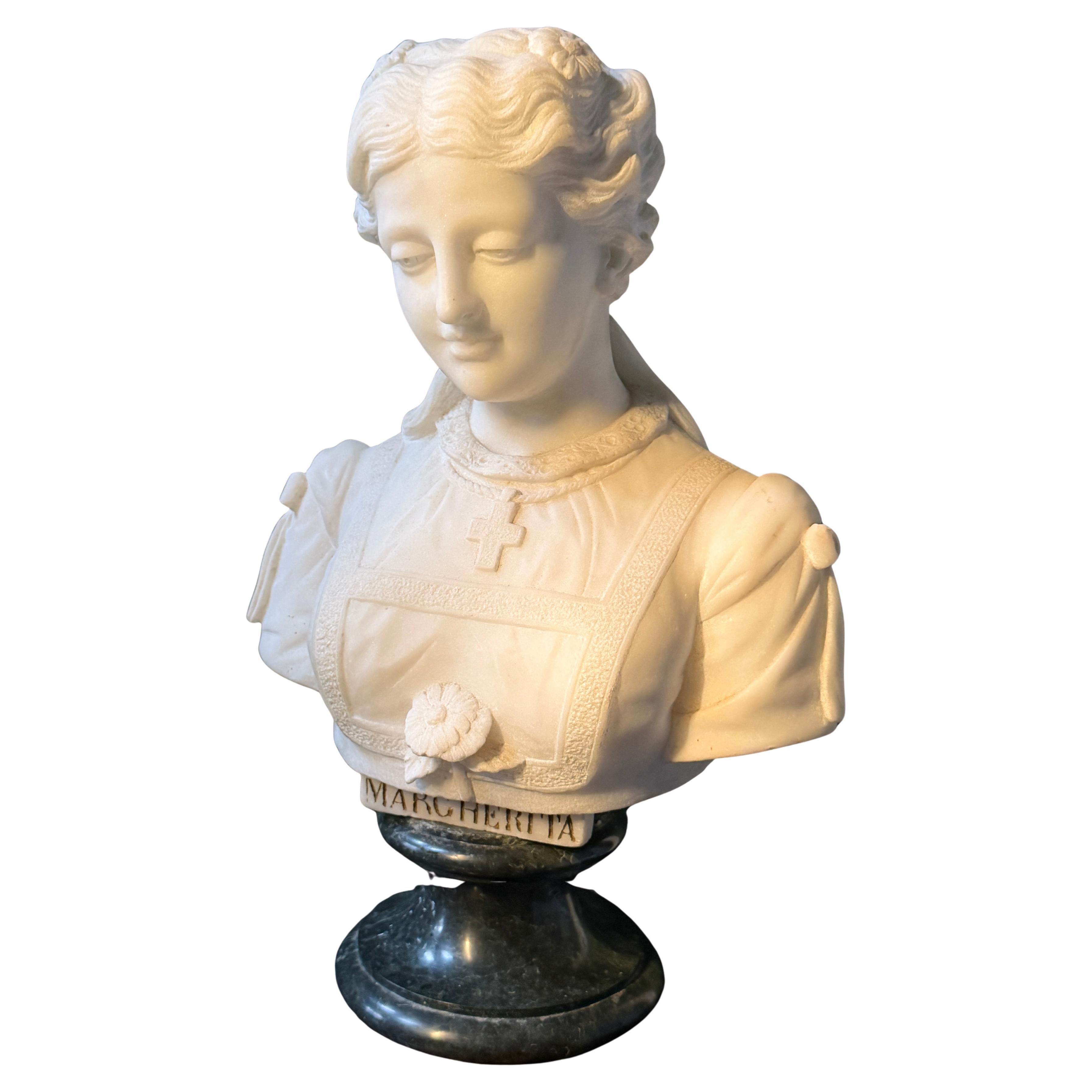 19th Century Italian Antique Marble Bust of Queen Margherita of Savoy For Sale