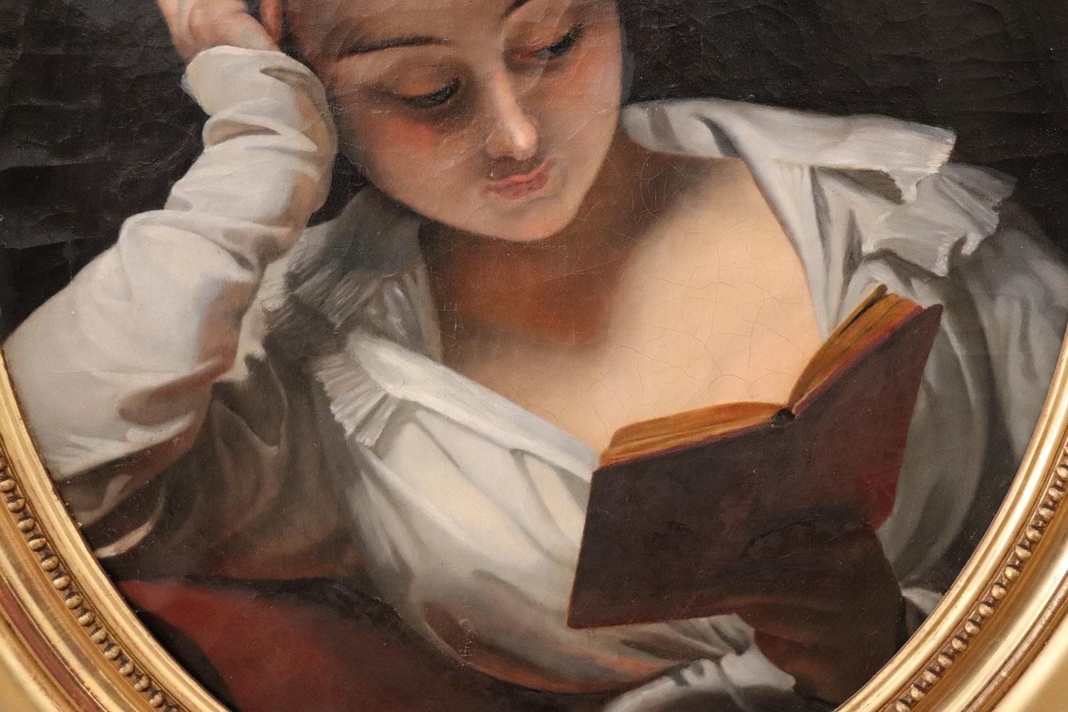 Mid-19th Century 19th Century Italian Antique Oil Painting on Canvas Portrait of Girl Reading