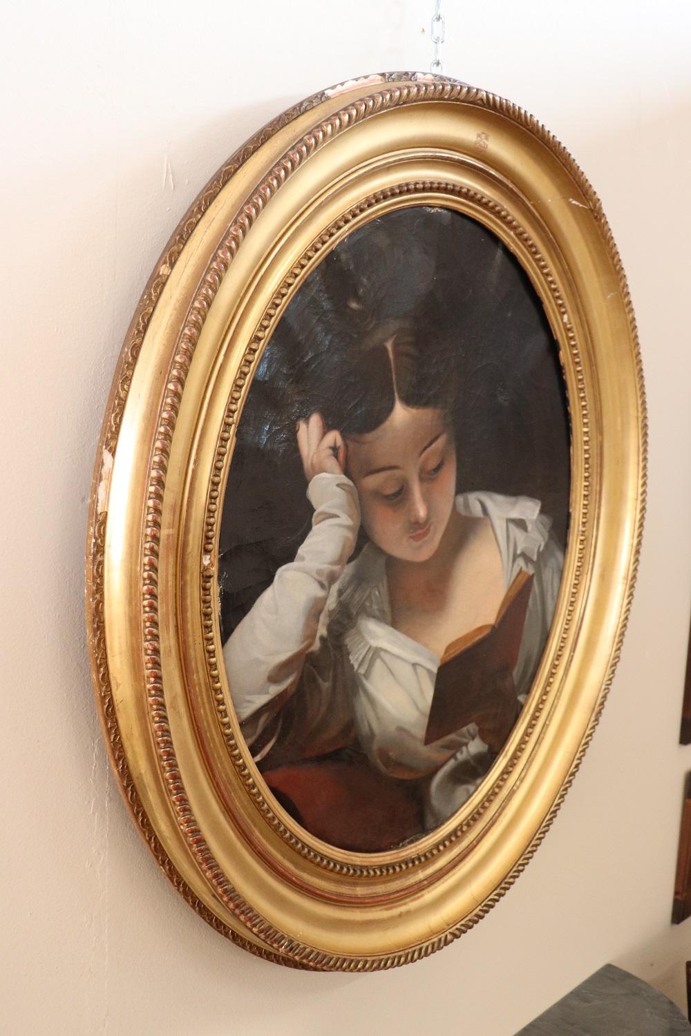 19th Century Italian Antique Oil Painting on Canvas Portrait of Girl Reading 2