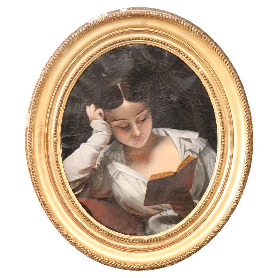 19th Century Italian Antique Oil Painting on Canvas Portrait of Girl Reading