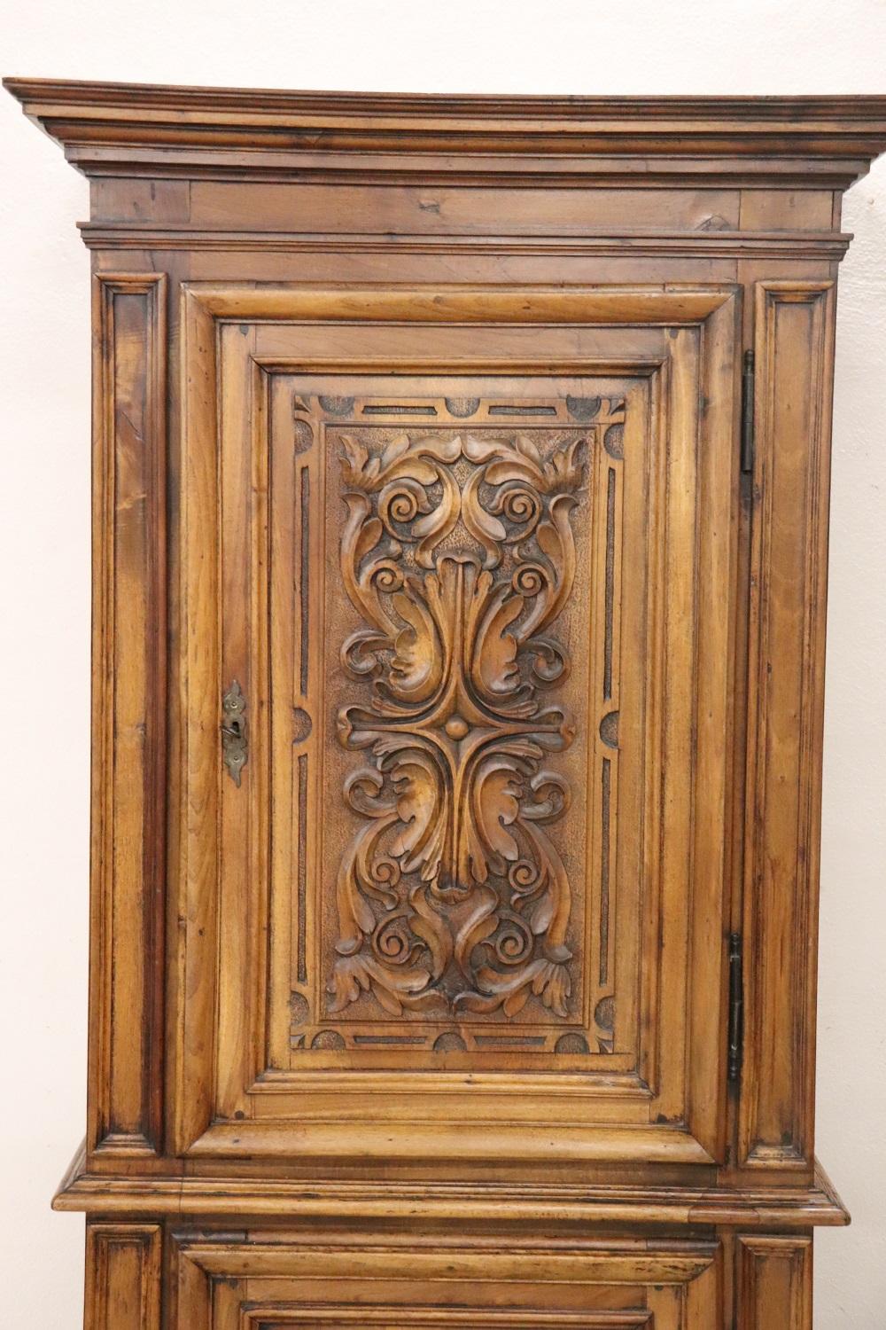 Hand-Carved 19th Century Italian Antique Small Cabinet in Solid Carved Walnut