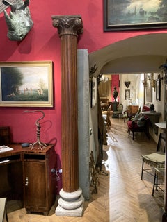 19th Century Italian Architectural Corinthian Wood Columns on Stone Base - Pair