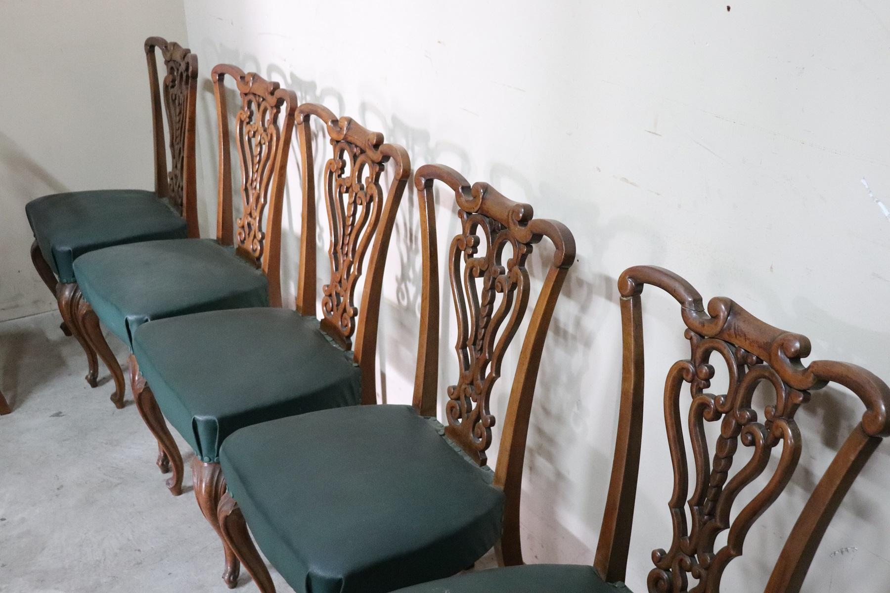 19th Century Italian Art Nouveau Hand Carved Walnut Wood Set of Eight Chairs 4