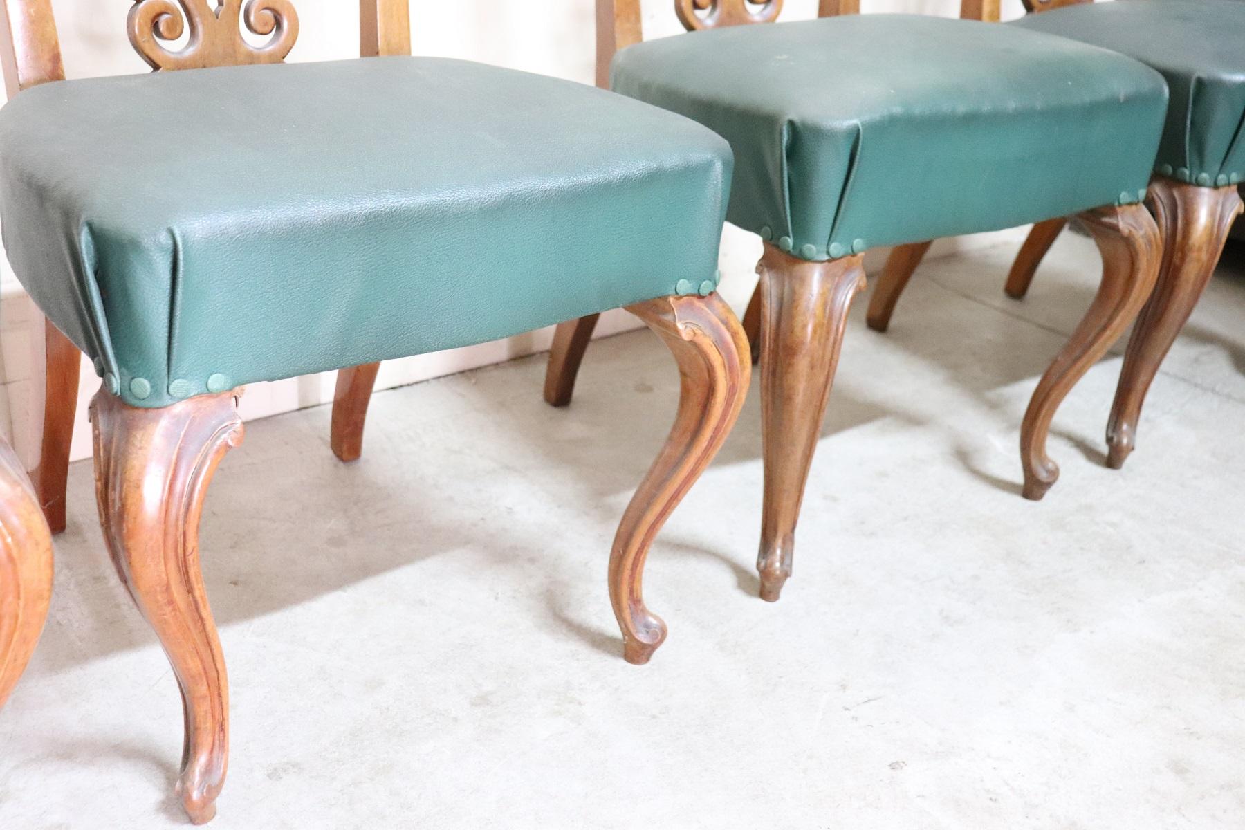 Late 19th Century 19th Century Italian Art Nouveau Hand Carved Walnut Wood Set of Eight Chairs