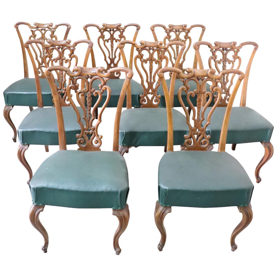 19th Century Italian Art Nouveau Hand Carved Walnut Wood Set of Eight Chairs