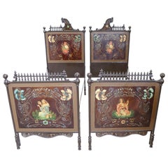 19th Century Italian Art Nouveau Hand Painted Iron Pair of Single Bed