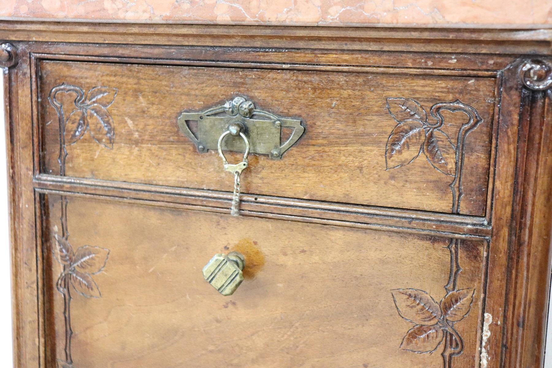 19th Century Italian Art Nouveau Walnut with Marble-Top Pair of Nightstand 3