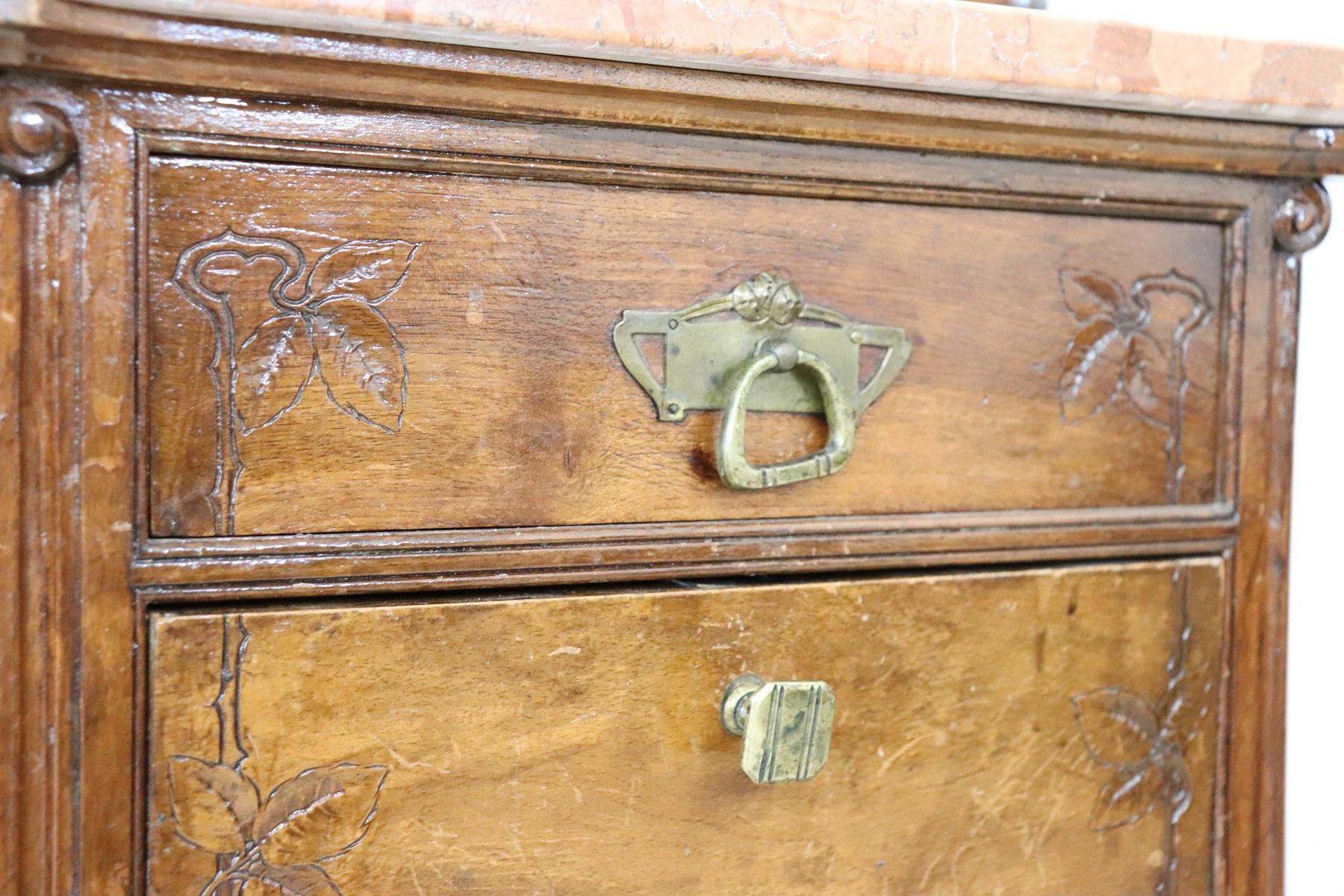 19th Century Italian Art Nouveau Walnut with Marble-Top Pair of Nightstand 4