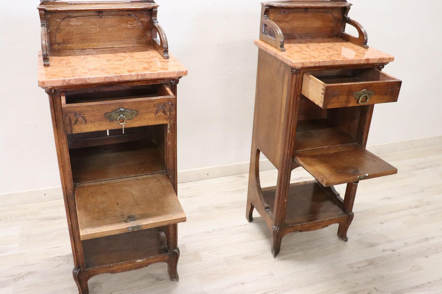 19th Century Italian Art Nouveau Walnut with Marble-Top Pair of Nightstand 5