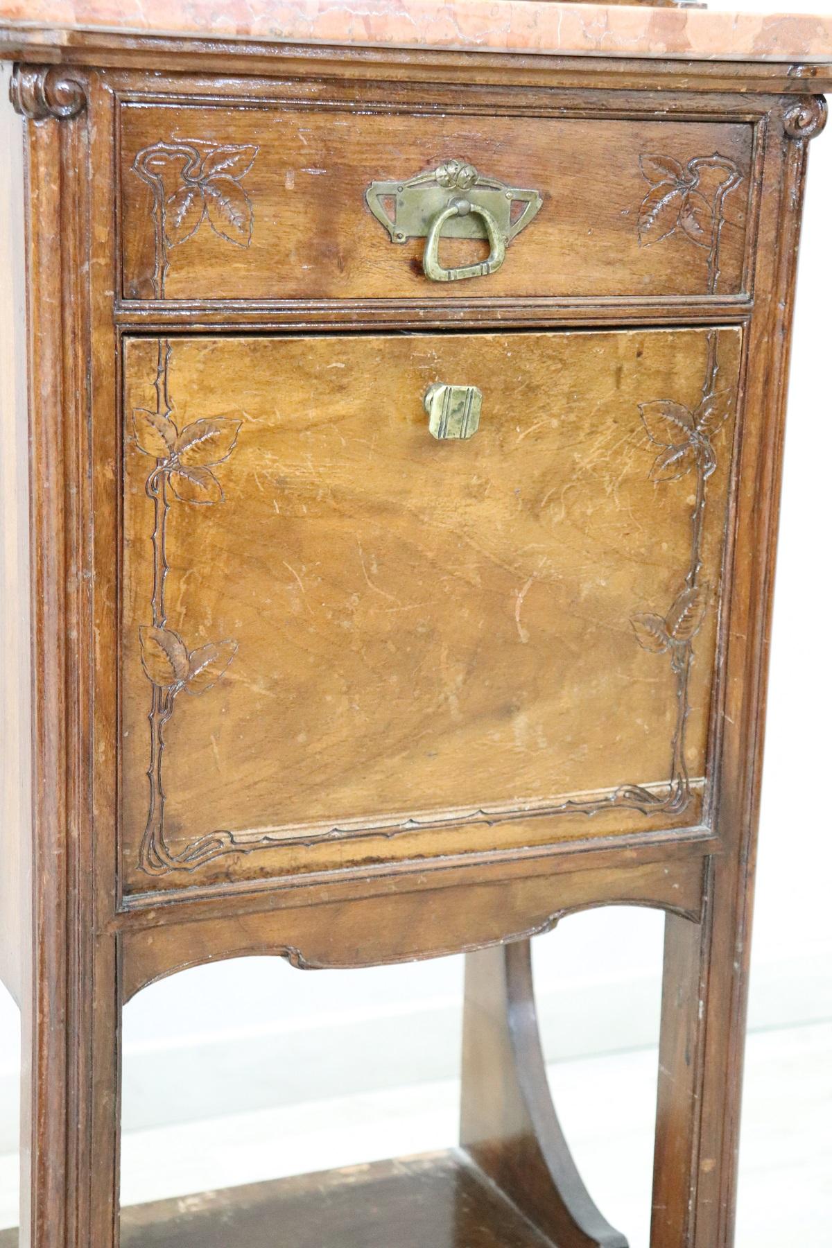 19th Century Italian Art Nouveau Walnut with Marble-Top Pair of Nightstand 1