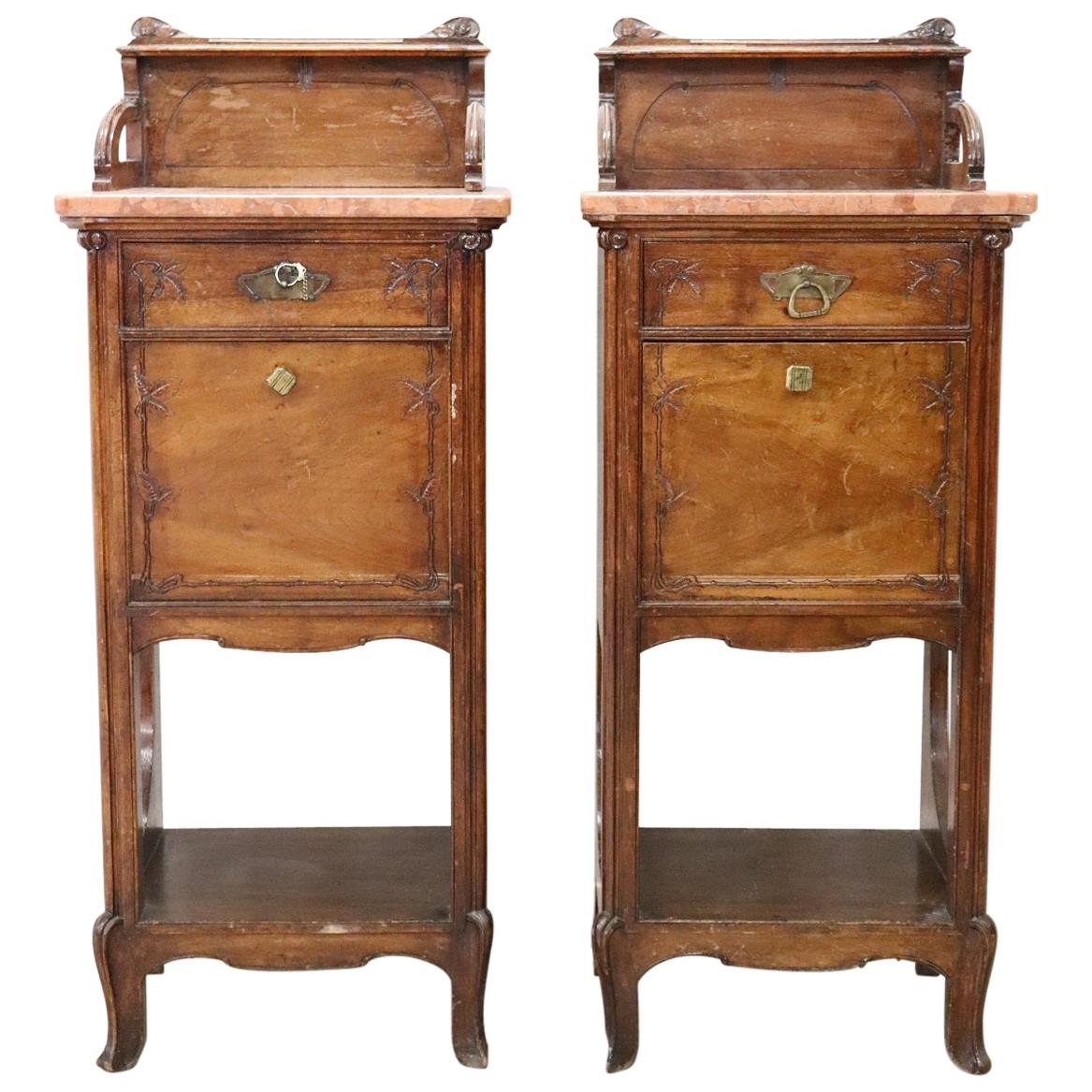 19th Century Italian Art Nouveau Walnut with Marble-Top Pair of Nightstand
